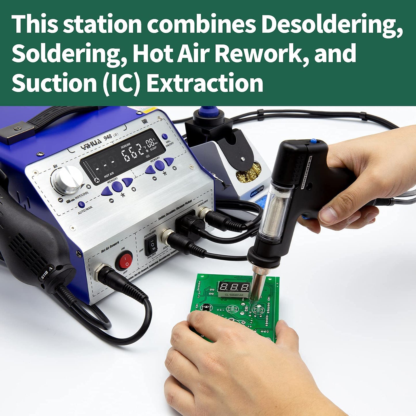 YIHUA 948-II 4 in 1 Hot Air Rework Soldering Iron and Desoldering Suction Tin Gun Station with Suction Pick Up Pen °F /°C