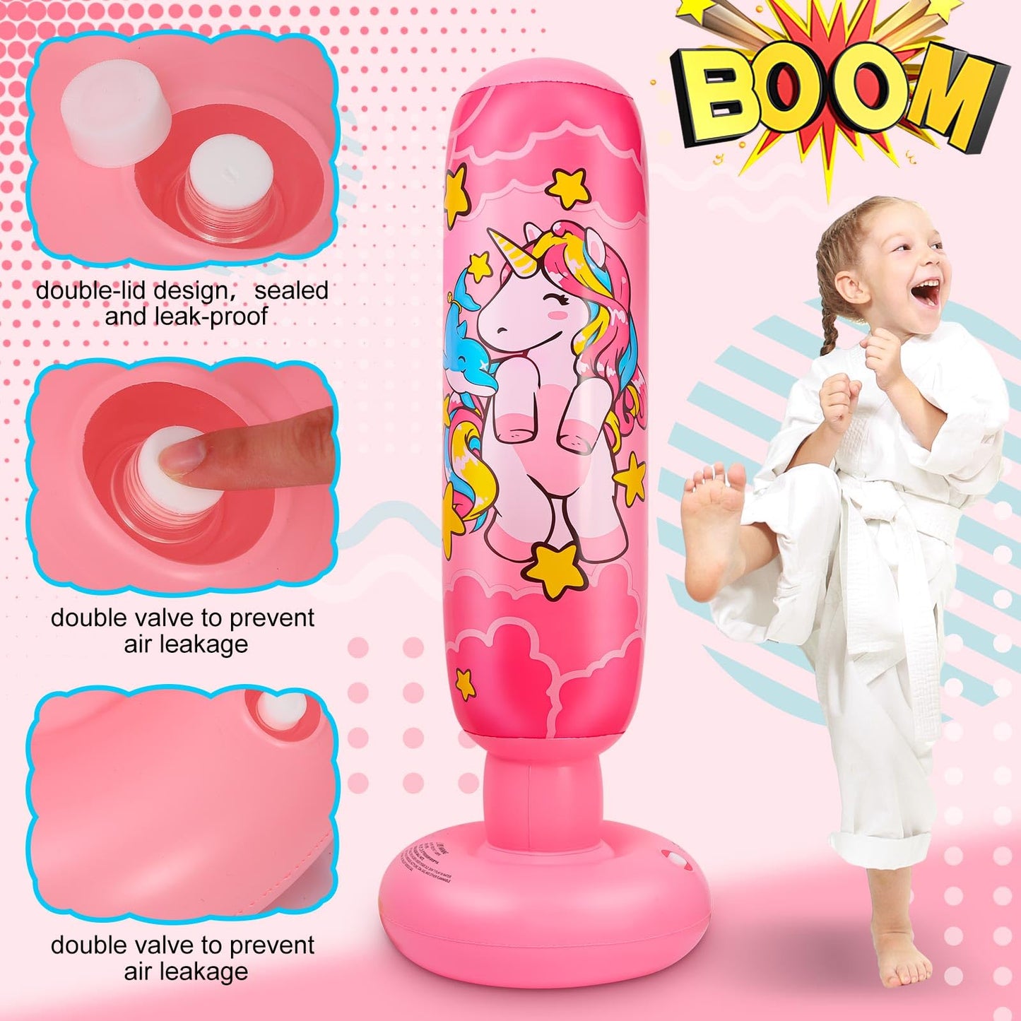 Vinsatin 2 Pcs 47" Kids Punching Bag Girls Stable Inflatable Boxing Bag Unicorn Heavy Punch with Instant Bounce Back Movement Kids Workout Equipment Karate Gifts for Girls Karate Taekwond