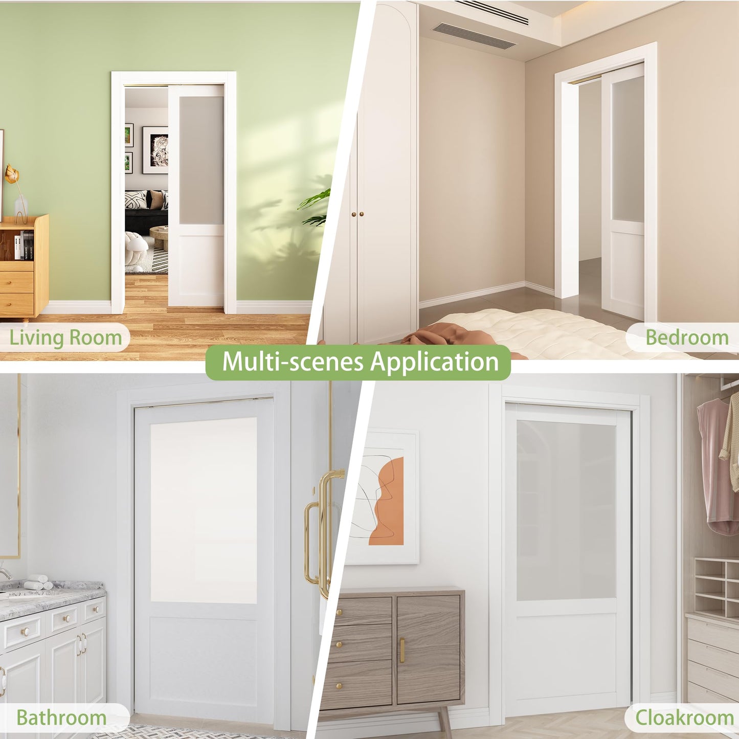 JUBEST Pocket Door 36"x80", 2-Panel Tempered Frosted Glass Sliding Pocket Door with Soft Close Hardware Kit, Sturdy Solid Wood & MDF with Water-Proof PVC Surface, White