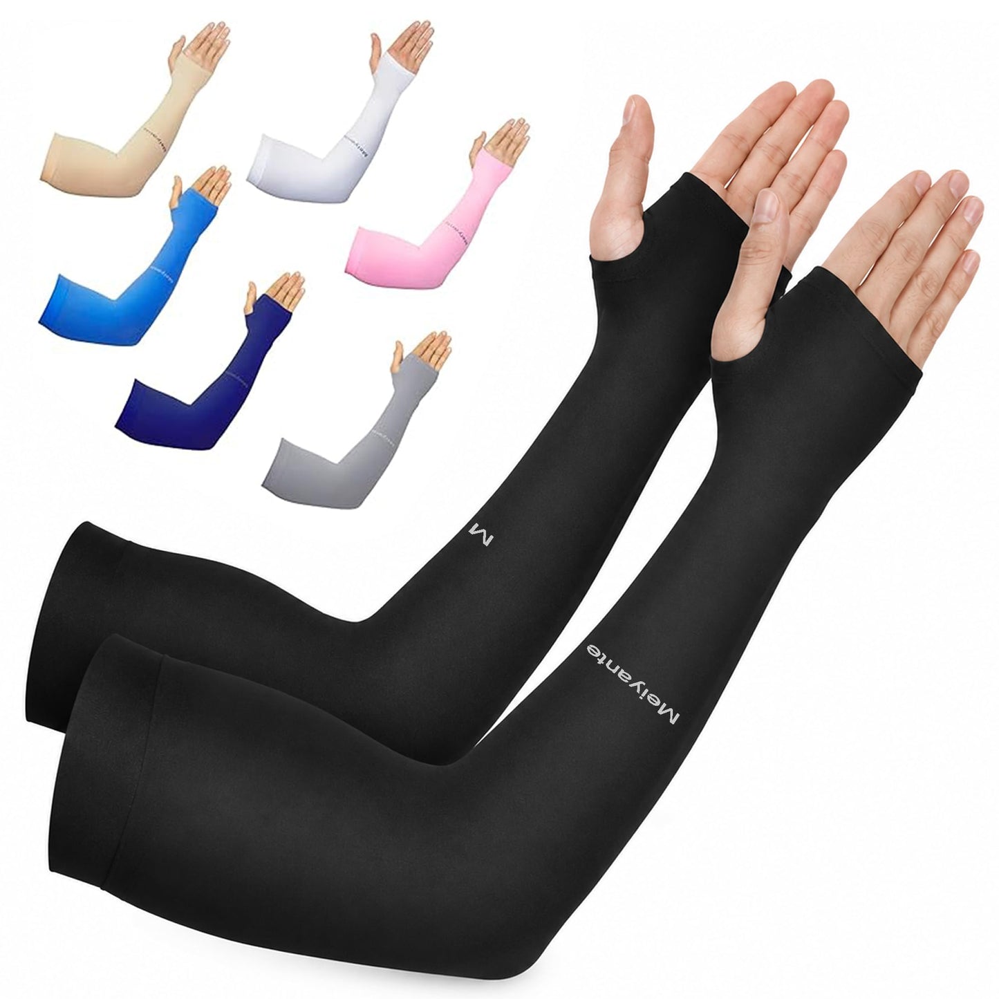 Meiyante Arm Sleeves with Thumb Holes for Men & Women, Cooling UPF 50+ UV Sun Protection Sleeves with Palm Coverage, Breathable Compression Sleeves for Golf, Driving, Running, Gardening & Tattoo Cover