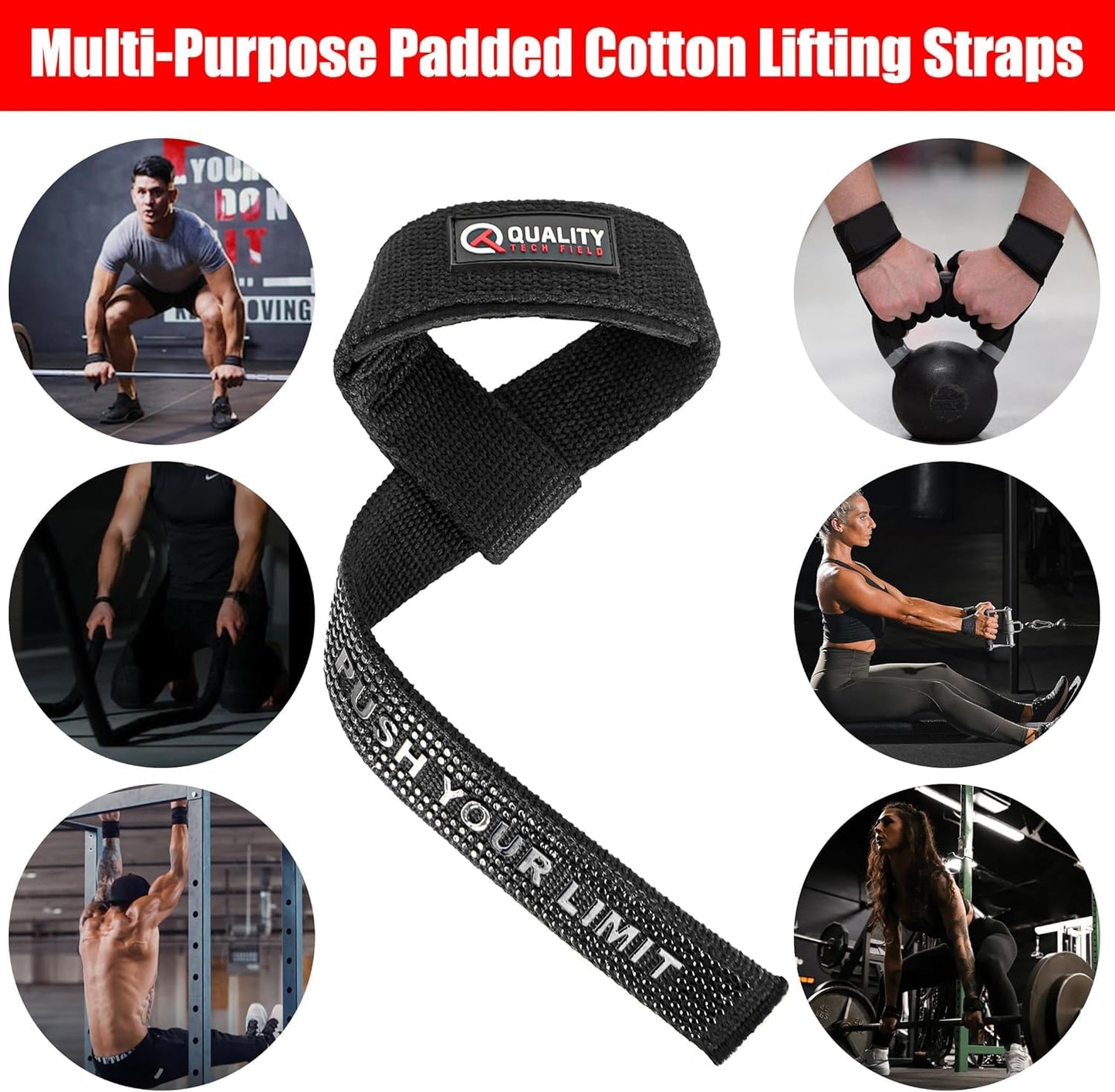 QTF Lifting Wrist Straps for Weightlifting, Gym Wrist Wraps Padded Wrist Support Wraps, Bodybuilding, Powerlifting, Deadlifting and Secure Grip (Black)