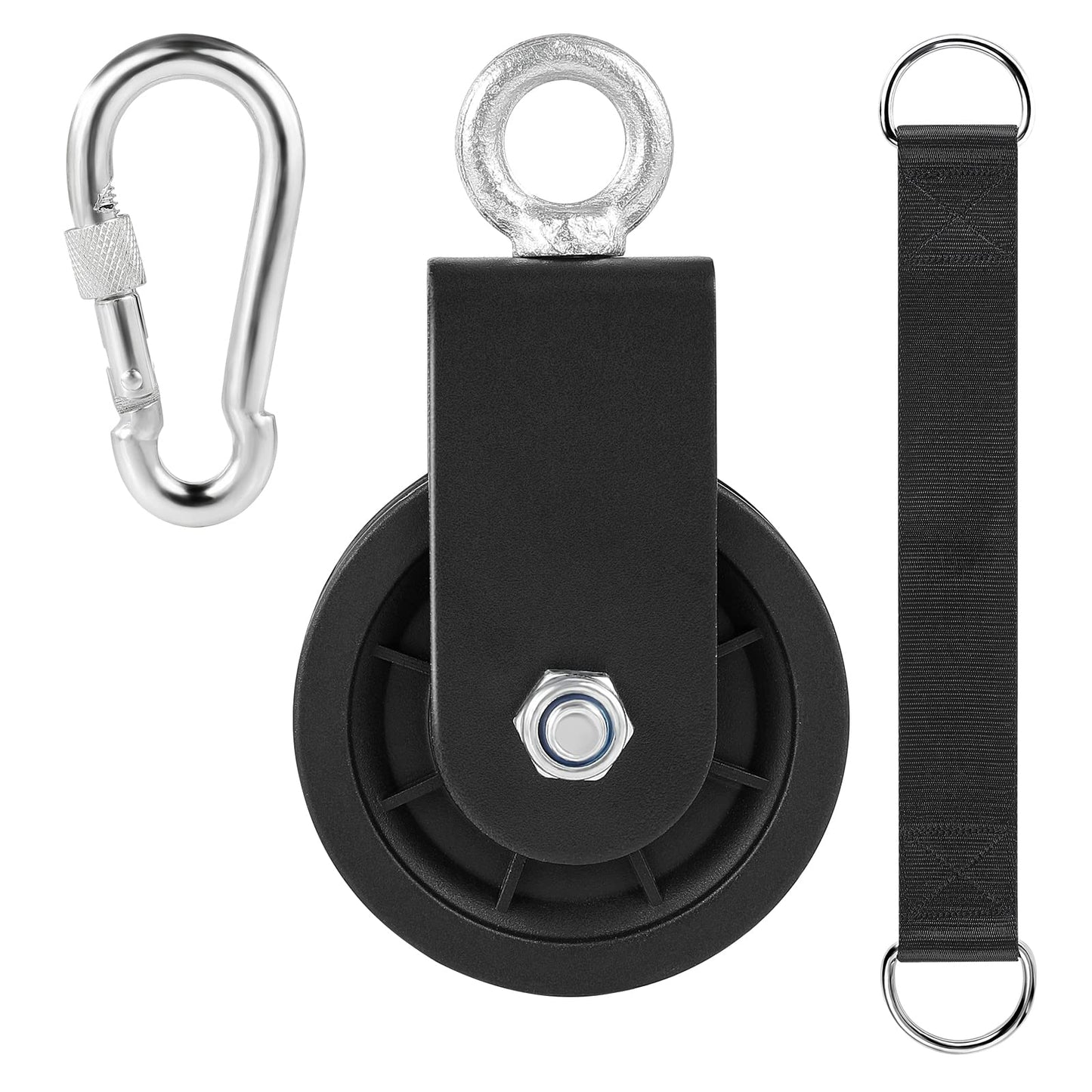 Spuspk 3.54 in Cable Pulley 360 Rotation Traction Wheel with Carabiner and Strap,Silence Smooth Detachable for DIY Gym Pulley System,DIY Gym Attachment Lifting Blocks,Ladder Lift,Hoists,Clothesline