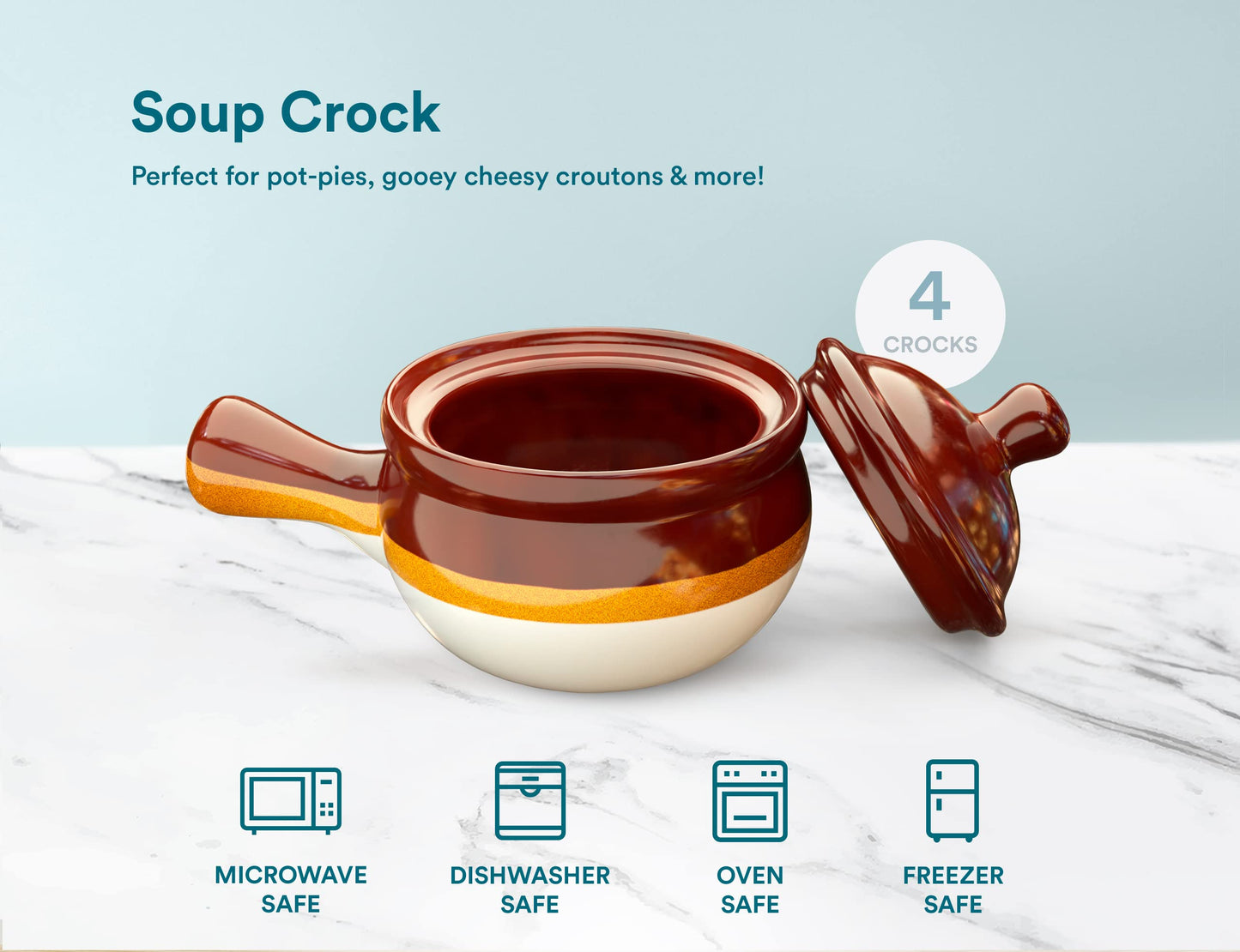 KooK French Onion Soup Crocks, Ceramic Bowls with Lids, Large Handles, Oven & Microwave Safe, Brown/White, Set of 4, 15 oz