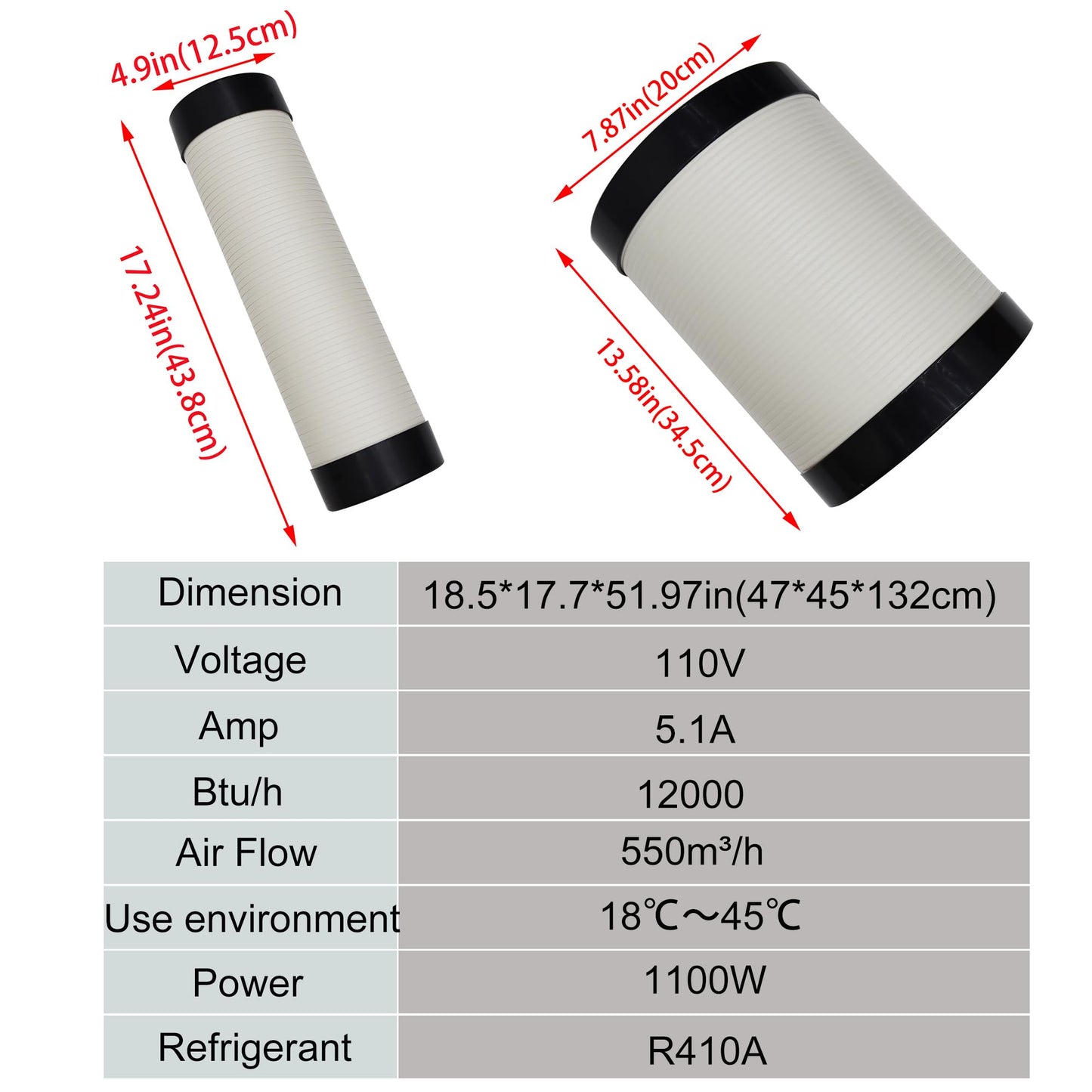 HQHAOTWU Industrial Air Conditioner Outdoor Indoor Spot Mobile Air Cooler 550m³/h Commercial Aircon with Two Outlet Tubes 110V