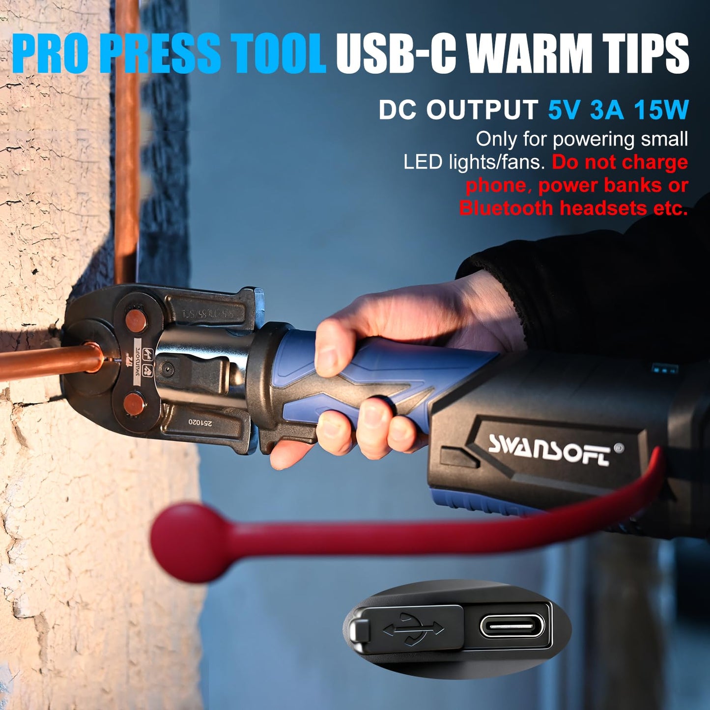 SWANSOFT Pro Press Tool, 18V 4Ah Battery Electric Hydraulic Crimping Tool for Copper Pipes with 3 US Compact VUS 1/2", 3/4'', 1",Jaws Pro Press Copper Plumbing Crimper Tool Kit(SWPR-12522B)