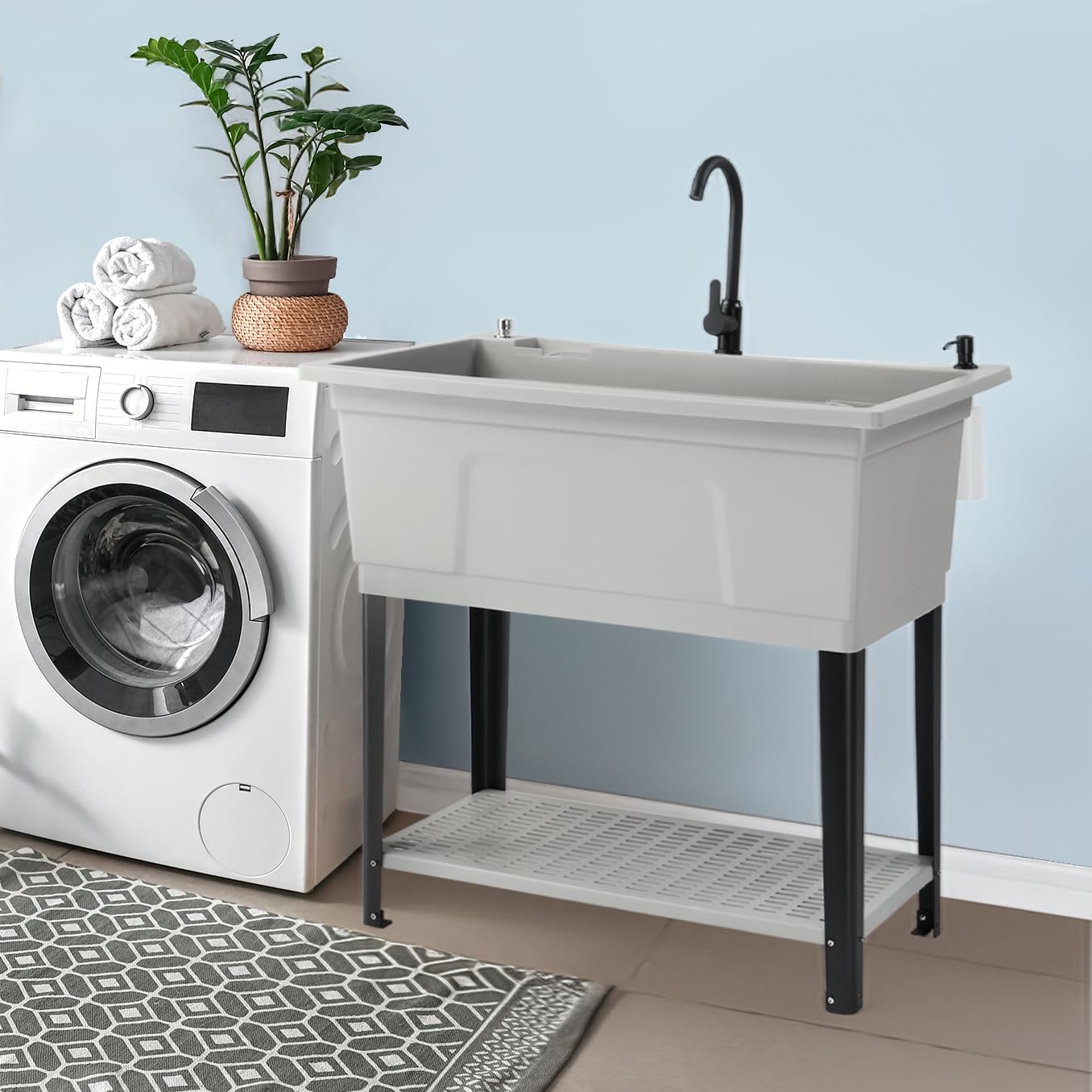 Bonnlo 37-Gallon Freestanding Utility Sink with Faucet, 36" Heightened Basin for Laundry, Garage, Outdoor Garden, Pet Wash, Heavy Duty Plastic Laundry Tub with Storage Shelf, 40"L×24"W×36"H (Gray)