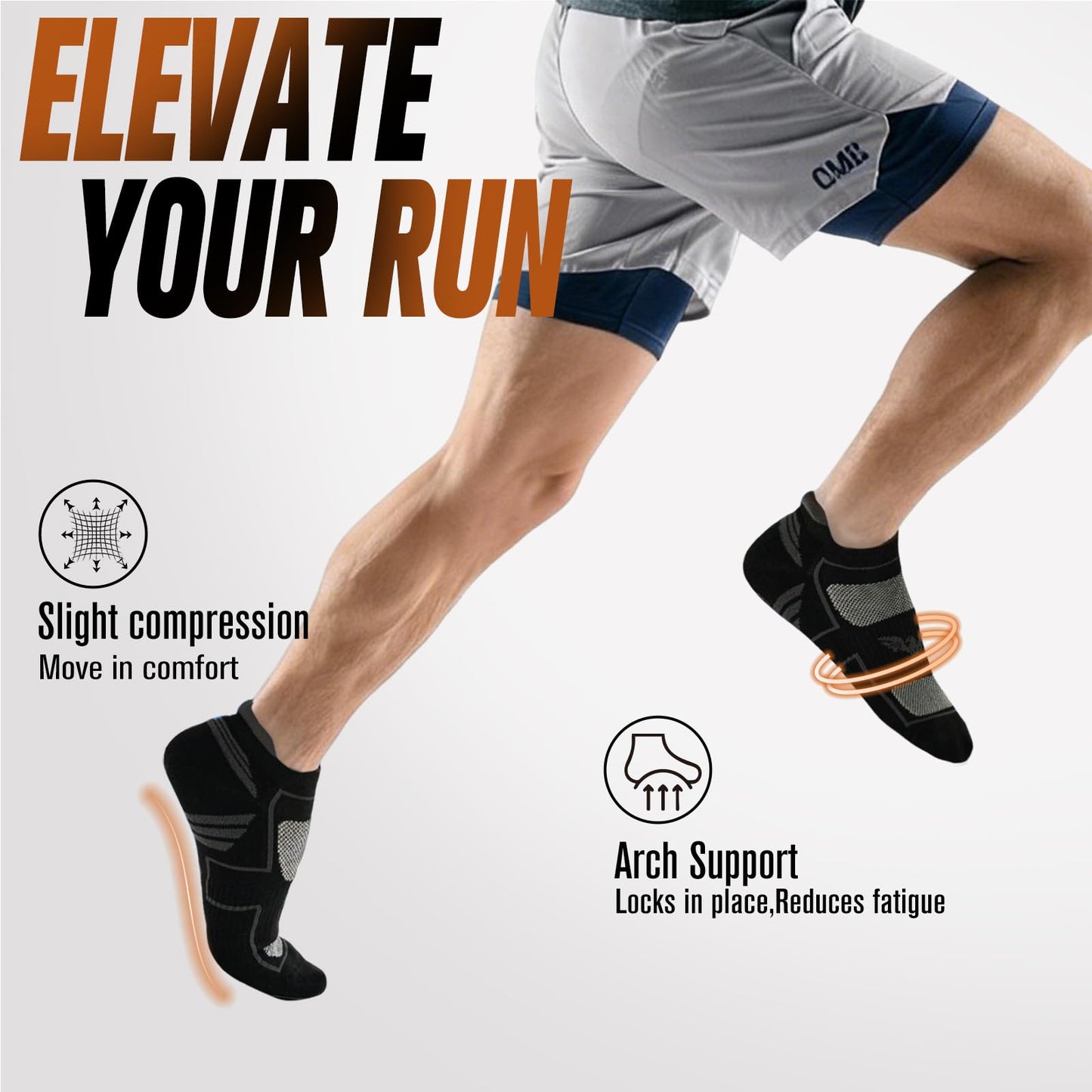Niorasen Mens Running Socks 6 Pairs with Arch Compression Support, Cushioned & Breathable Ankle Socks for Men, Moisture Wicking Black Athletic Sock for Training Jogging Walking