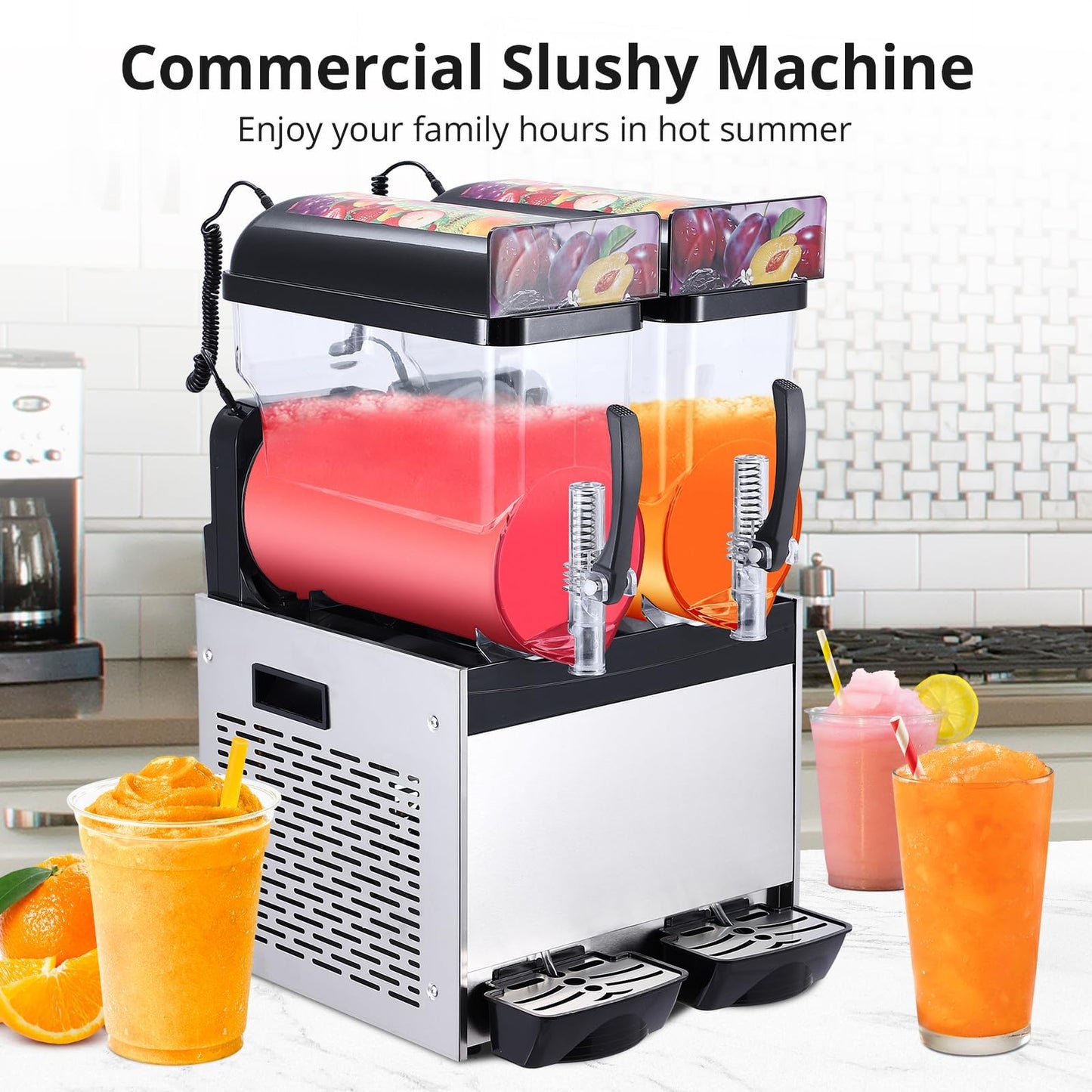GarveeHome Commercial Slushy Machine, Stainless Steel Margarita Smoothie Frozen Drink Maker, Self-Cleaning, 700W, Perfect for Homes, Coffee Shops,Restaurants,Black,15 L*2