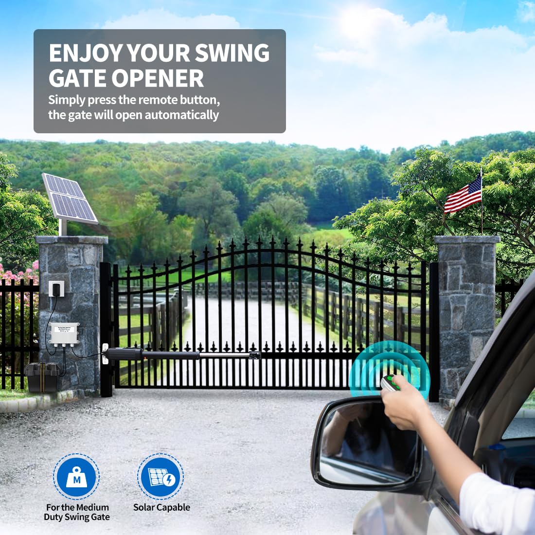 TOPENS A5S Automatic Solar Gate Opener for Medium Duty Single Swing Gates Up to 16ft, Single Swing Gate Operator Battery Powered with Remote Control Kit Gate Motor Solar Panel Included