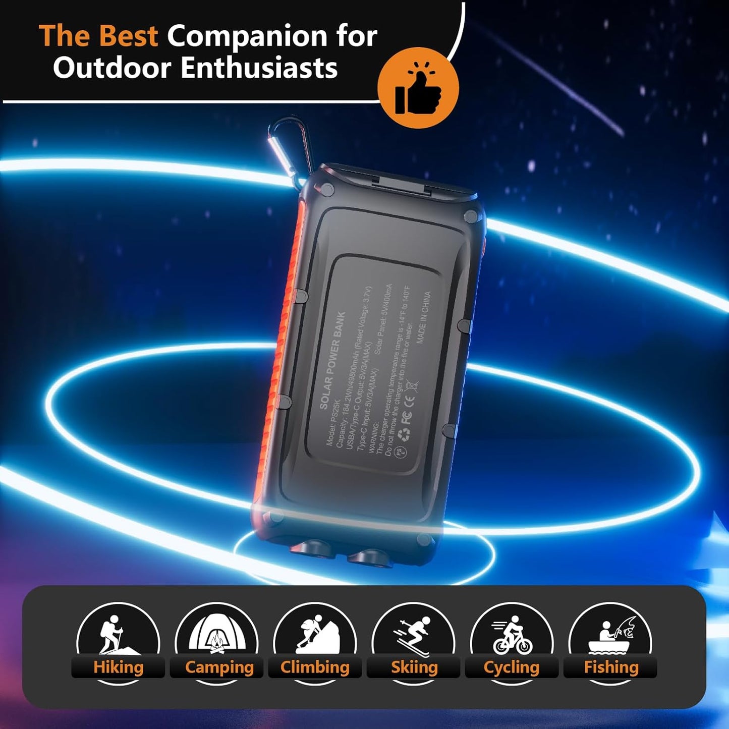 49800mAh 2 15W Solar Charger Power Bank Portable Solar Phone Charger with USB-A and Type-C Interface, Fast Charging