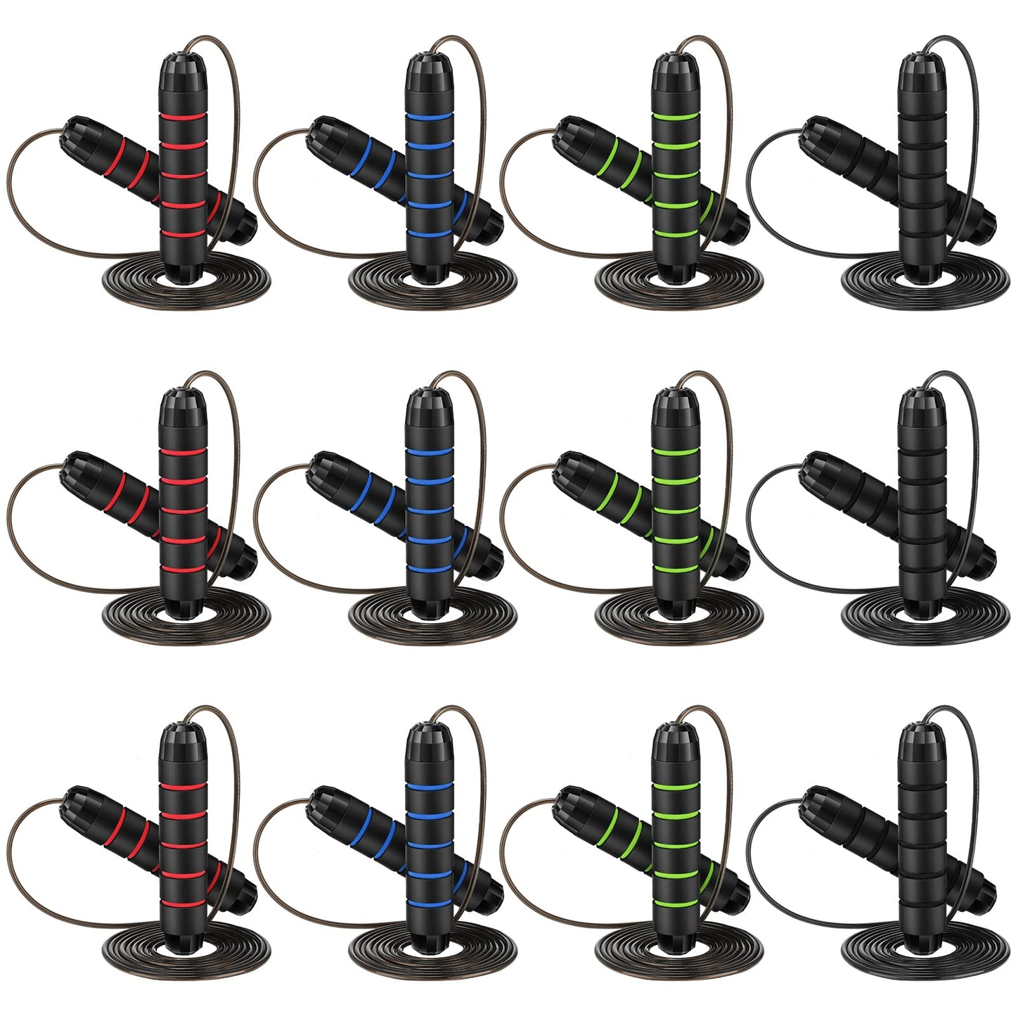 Junkin 12 Pieces Jump Ropes for Fitness with Ball Bearings Speed Jumping Adjustable Skipping Rope with Foam Handles Exercise Stuffer for Men Women Cardio Training Slim Body(Red, Green, Black, Blue)