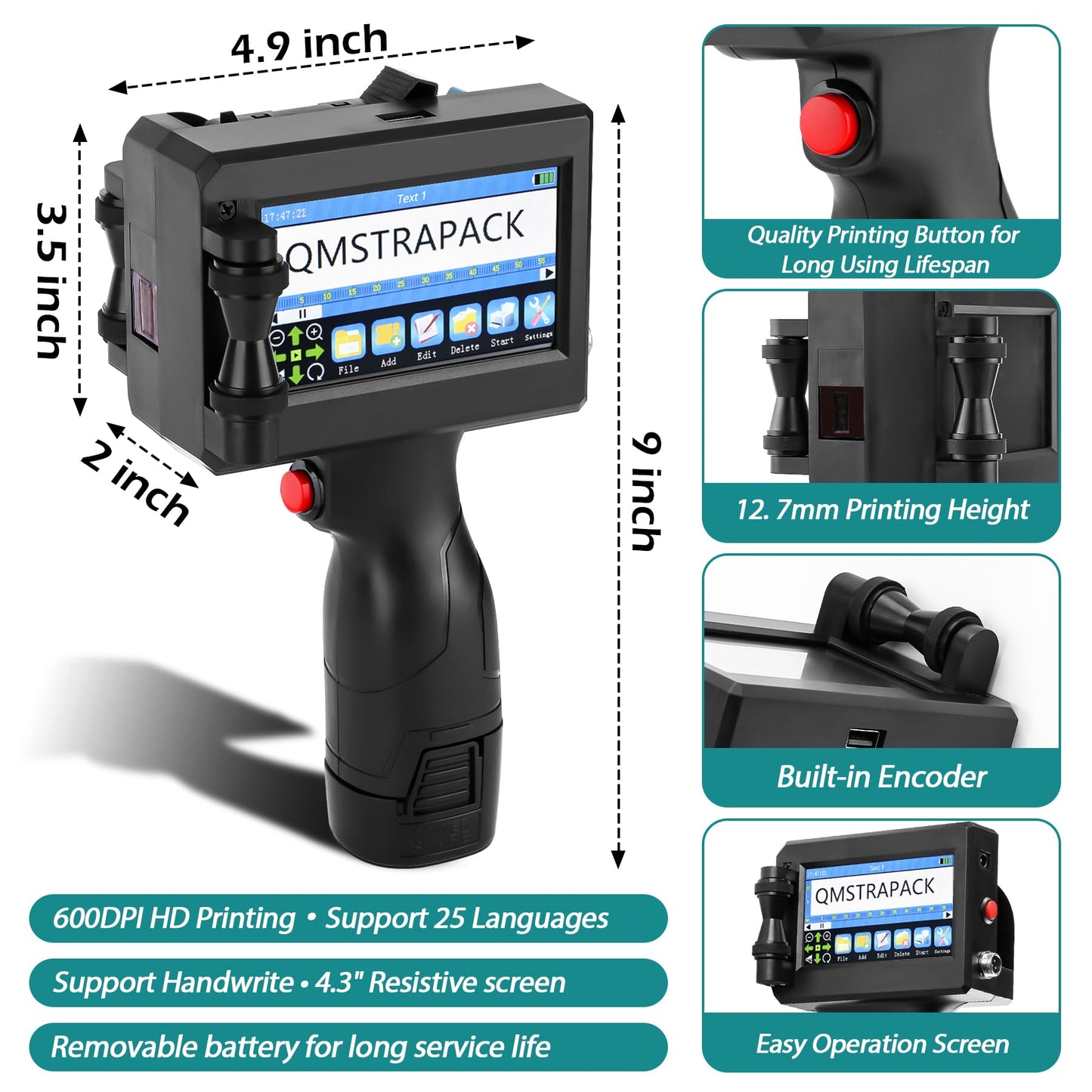 QMSTRAPACK Handheld Inkjet Printer Gun Z10 Printing Height 0.08-0.5 Inch Inkjet Coder with Original Fast-Drying Ink for Text QRCode/Barcode/Batch Number/Label/Image/Date Printer for Any Surface