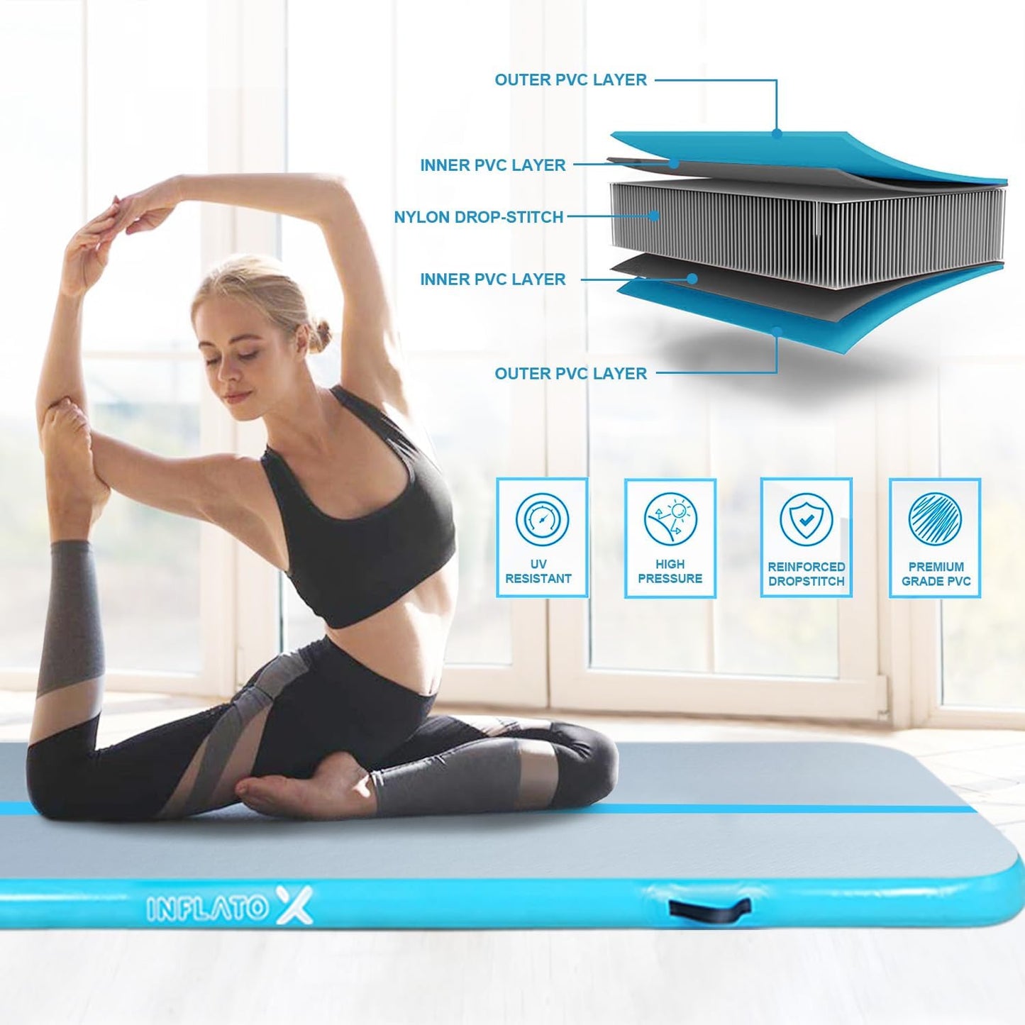 InflatoX Inflatable Air Gymnastics Mat Training mat Thick tumbling mat with Electric Pump for Home/Gym/Outdoor (Blue/Blue, 13.12ft*3.3ft*4in(4 * 1 * 0.1M))