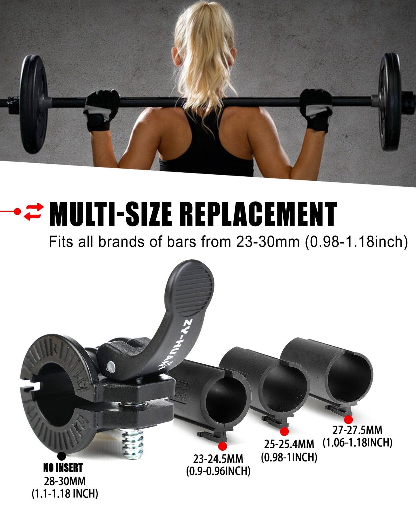 ZY-HUAN Pro Barbell Clips 1 inch Barbell Clamps 0.9-1.18inch Quick Release Weight Clips for Bars Multi-Size Adjustable Olympic Barbell Clamps (Black)