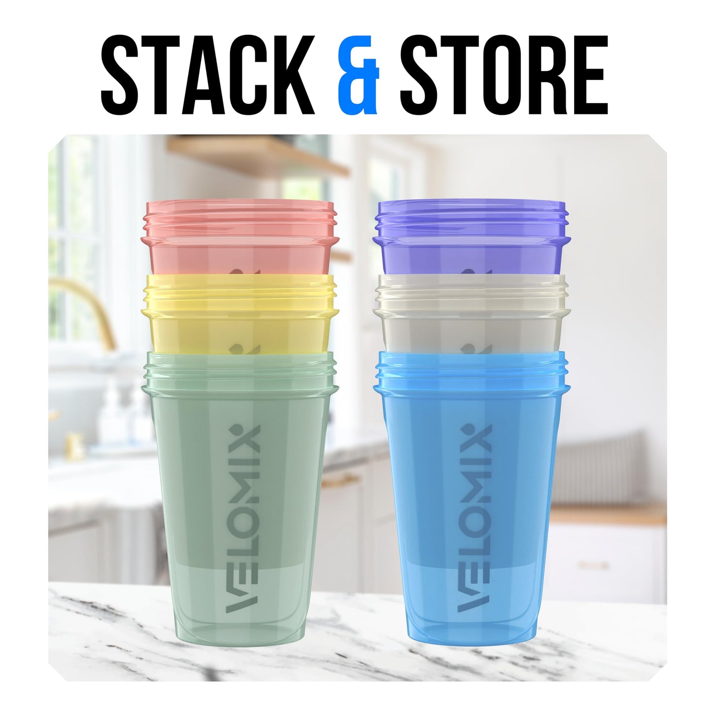 VELOMIX -6 PACK- 20 oz Protein Shaker Bottle for Protein Mixes - 6x Wire Whisk | Leak Proof Shaker Cups for Protein Shakes | Stackable Protein Shaker Bottle Pack | Dishwasher Safe (Pastel Shades)