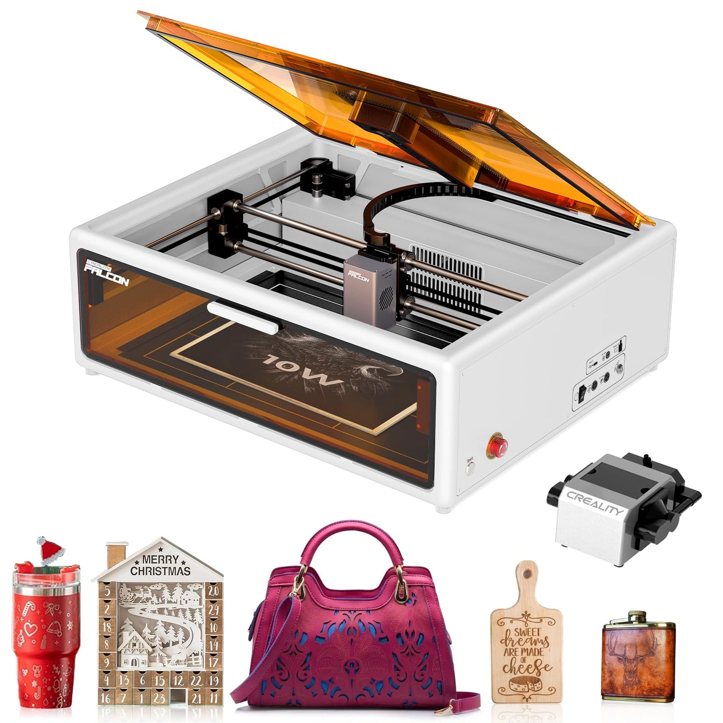 Creality Falcon A1 10W Laser Engraver, Enclosed Laser Cutter with Air Assist, HD Camera Positioning, Beginner-Friendly, Class 1 Safety Engravering Machine for Wood and Metal, Acrylic(White)