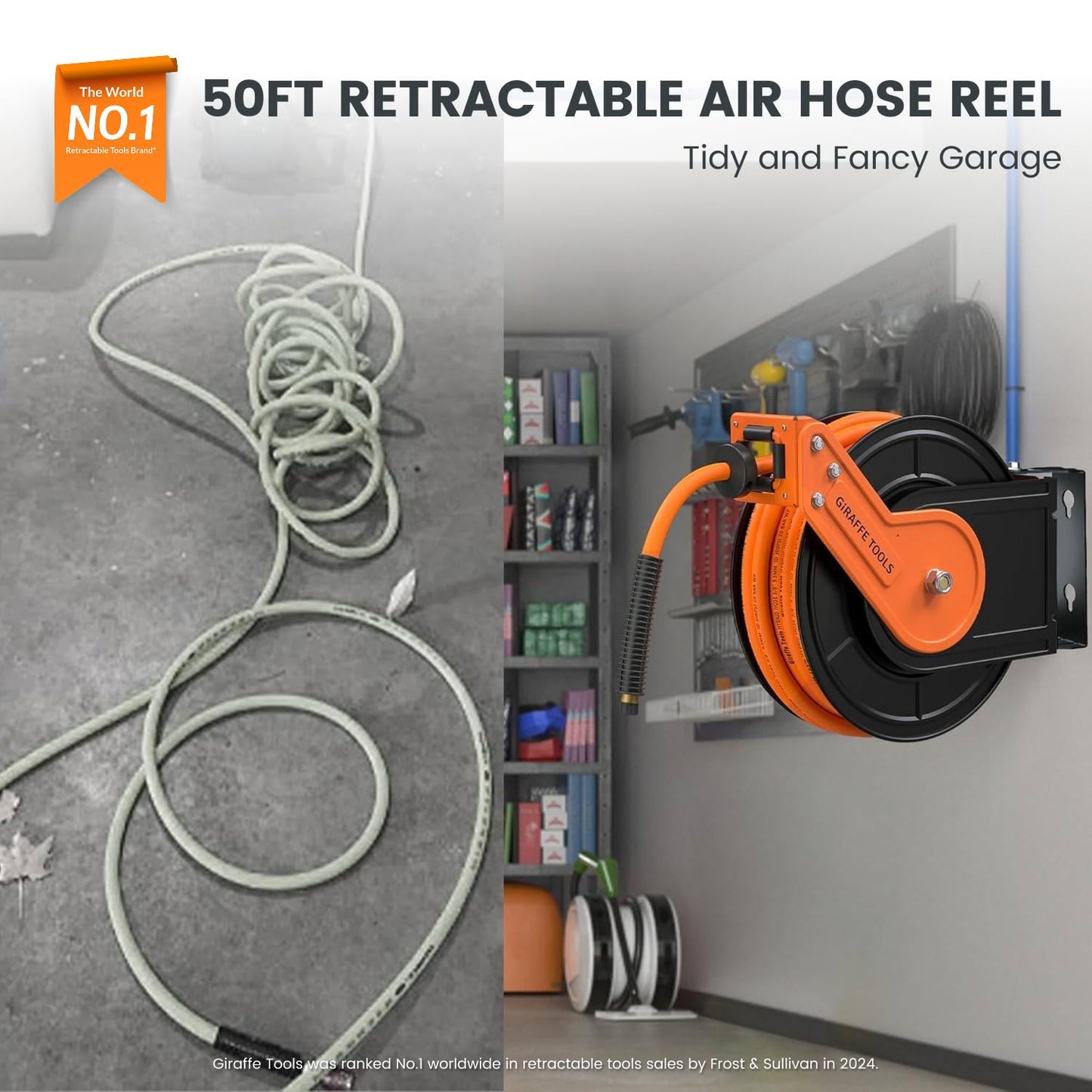 Giraffe Tools Retractable Air Hose Reel, 3/8" Hybrid Hose, Air Compressor Heavy Duty Steel Reel Auto Rewind 300PSI, Wall Mount with Swivel Bracket, 50ft