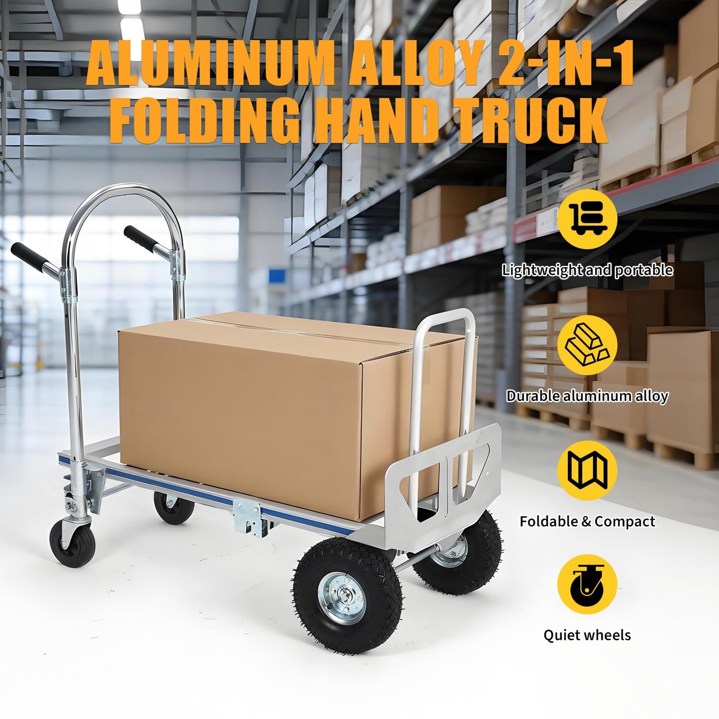 700LB Heavy Duty Hand Truck, 2 in 1 Aluminum Folding Carts with 10" Wheels, Collapsible Cart for Transport and Moving in Warehouse, Supermarket, Garden