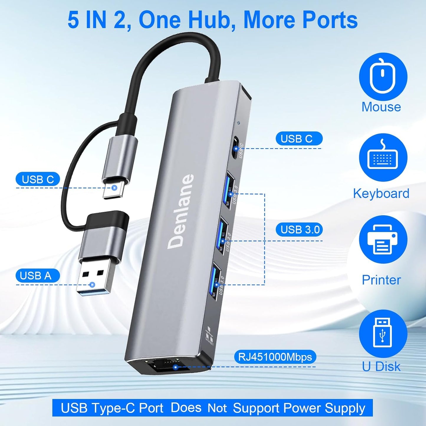 Denlane 3.0 5 2 4-Port 3.0 1000Mbps RJ45 USB C USB to Ethernet Adapter, in Gigabit USB Ethernet Hub for Laptop