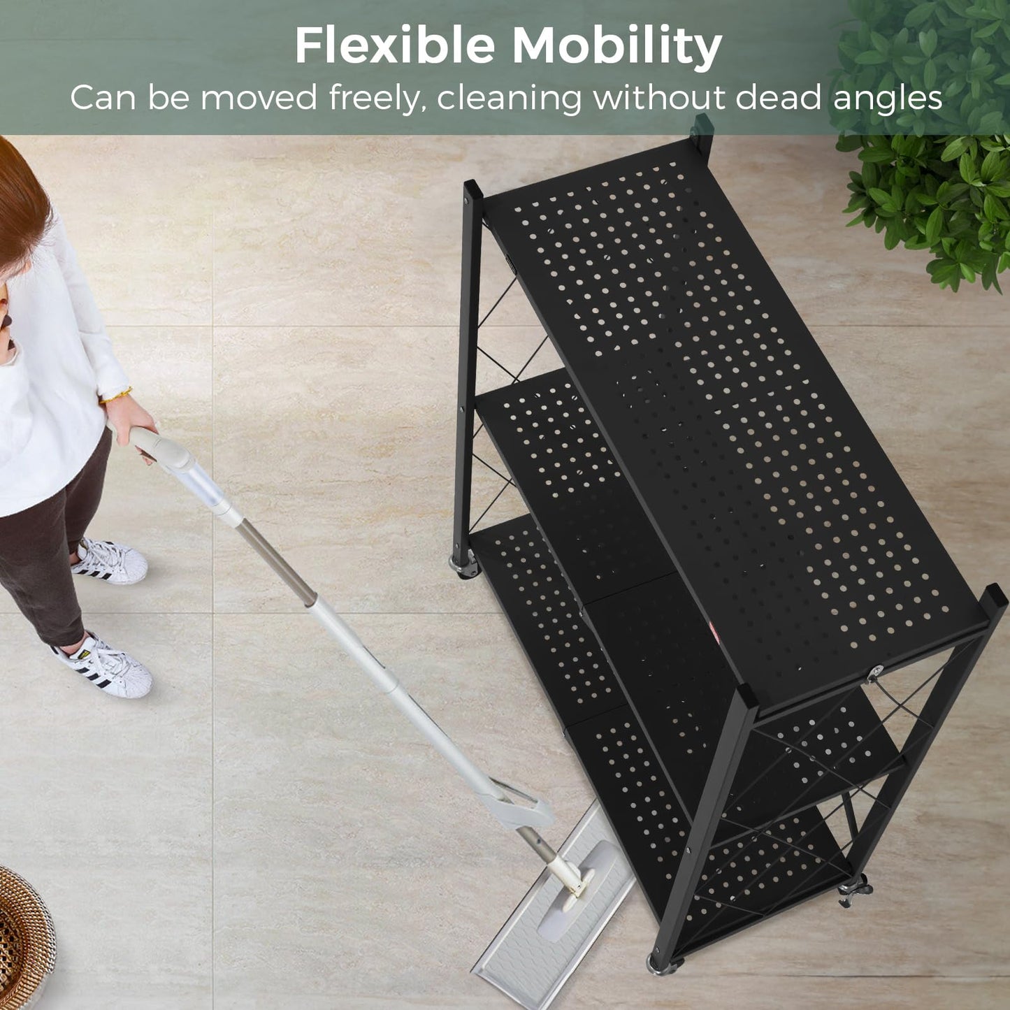 DEANIC 3 Tier Foldable Storage Shelves with Wheels, Kitchen Appliance Stand, Freestanding Metal Wire Shelf Rack, No Assembly Organizer Rolling Cart for Garage, Basement, Pantry(Black Pack of 2)