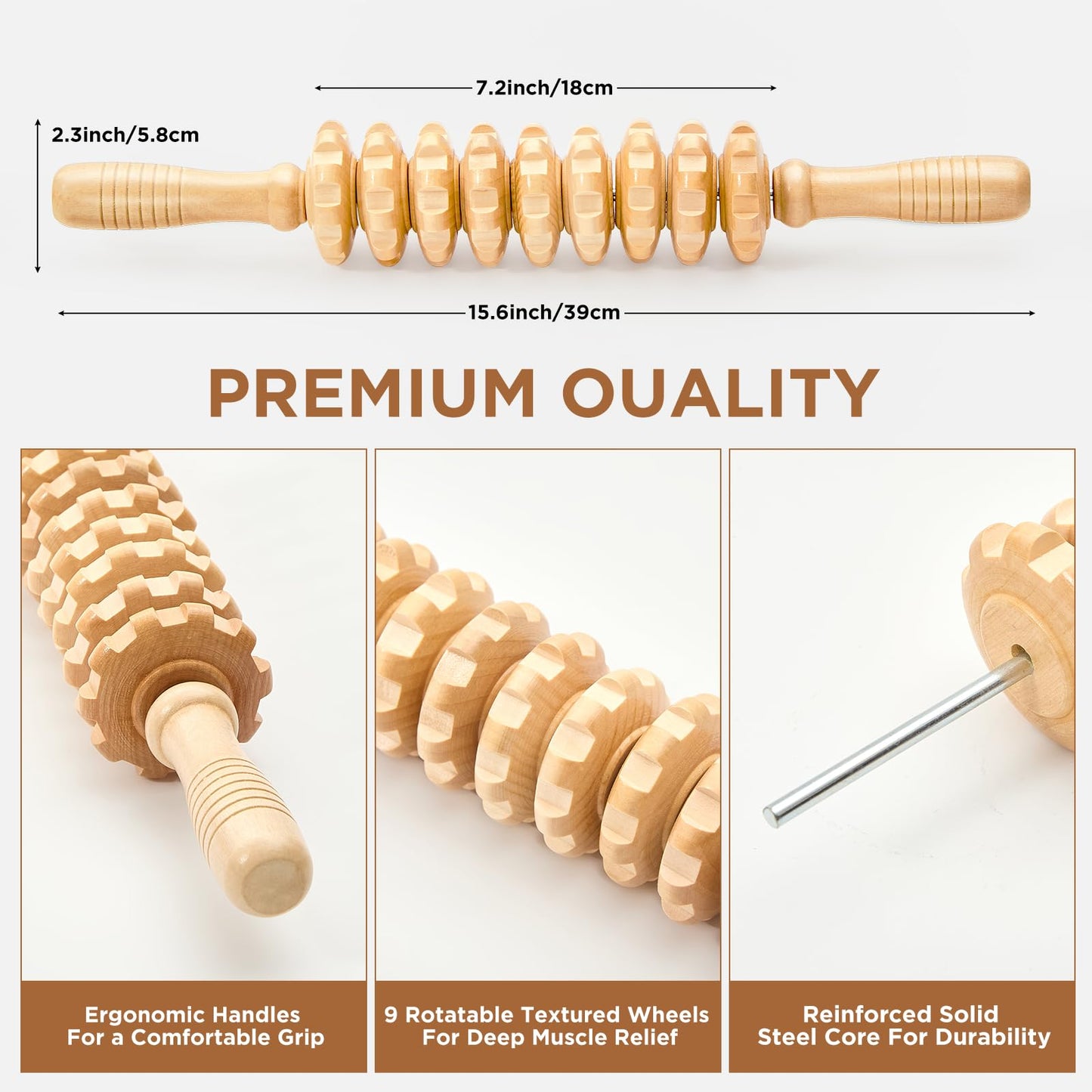 MZDXJ Wooden Cellulite Massage Roller for Legs and Thighs - Handheld Fascia Blaster Tool for Muscle Relief, Lymphatic Drainage & Body Sculpting - Anti Cellulite Massager for Women and Men (9 Wheel)