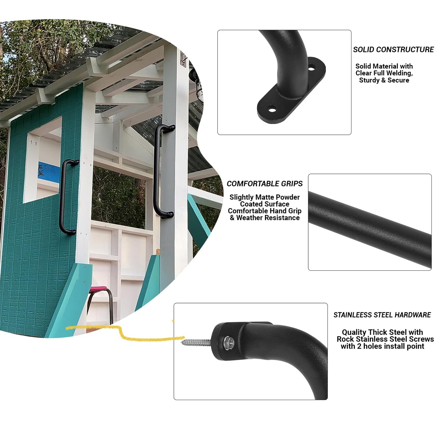 Purife 17 Inch Black Playground Accessories Handles Metal Pack of 6- Playset Handles, Swing Sets Attachment Grab Bars, Kids Hand Grips Monkey Bar for Playhouse, Treehouse, Jungle Gym