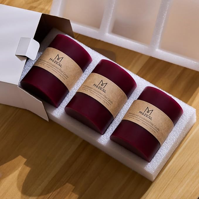 MOZEAL 3" x 6" Hand-Poured Unscented Candle, Dripless Pillar Candle Set of 3, Long Lasting Burning,Approx 120 Hours Burn Time, Rustic Country Style, for Romantic Dinners, Valentine's Elegance,Burgundy