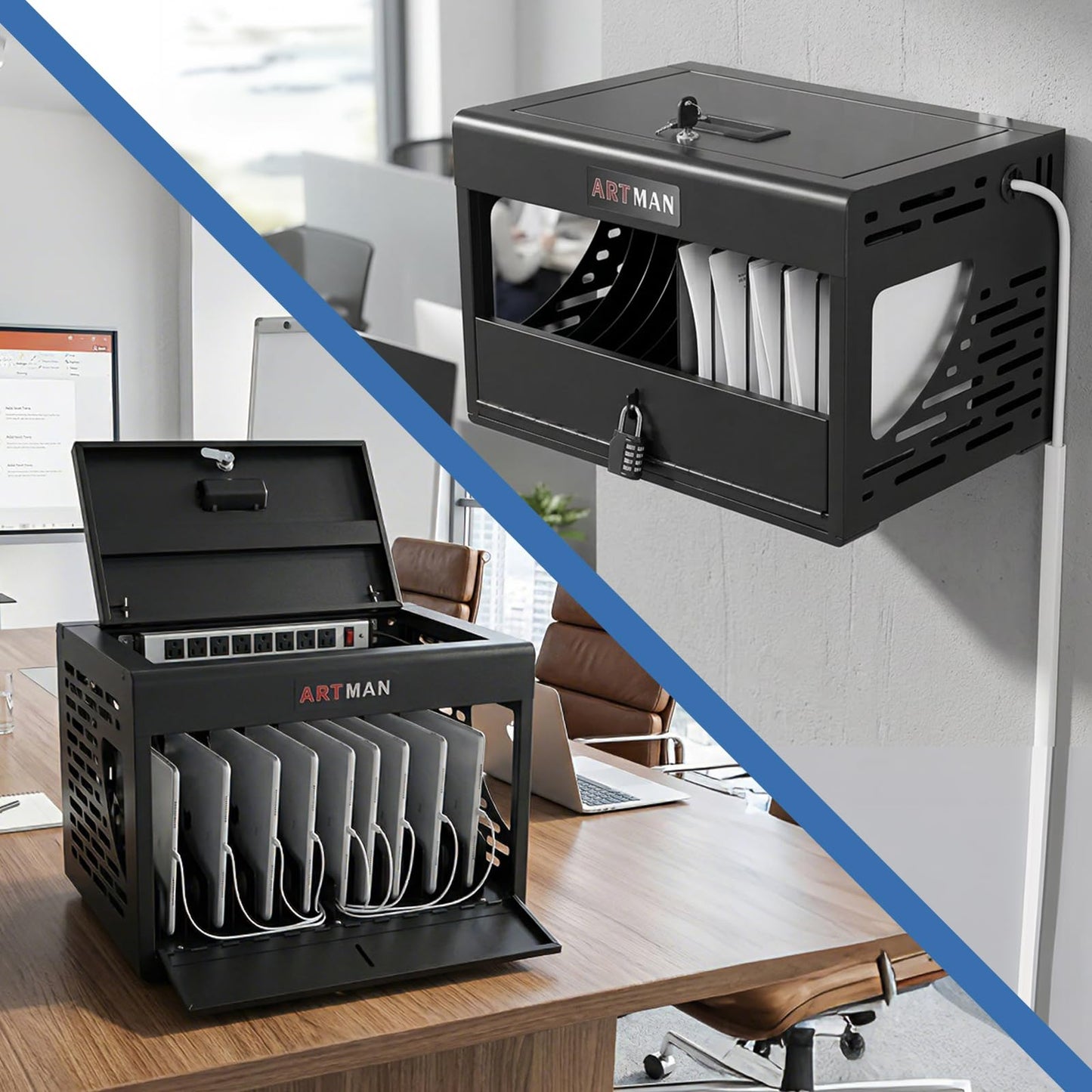 FCFEUE Lockable Charging Station for Laptop & Chromebook Classroom, 16-Port Desktop/Wall Mount Cart with Top Lid Cable Management, Surge Protected for School Office, Fits 14" Devices Black