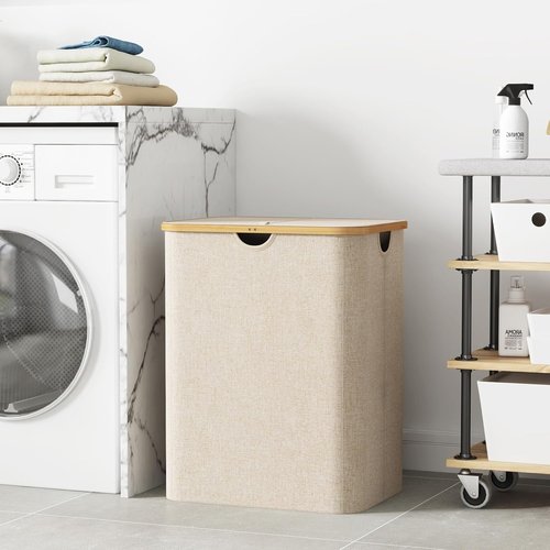 Lifewit 120L Laundry Basket - Foldable Hamper with Lid & Bamboo Handles | Beige, Ideal for Bedroom & Bathroom