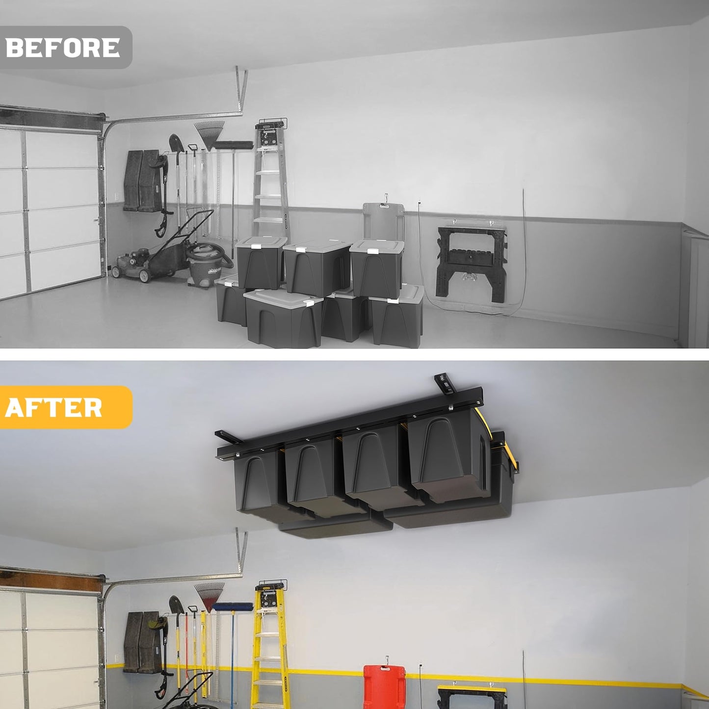 WALMANN Overhead Tote Storage Rail System, Garage Ceiling Bin Storage Rack Heavy Duty Adjustable Tote Slide Rails(Black, Bins are not Included)