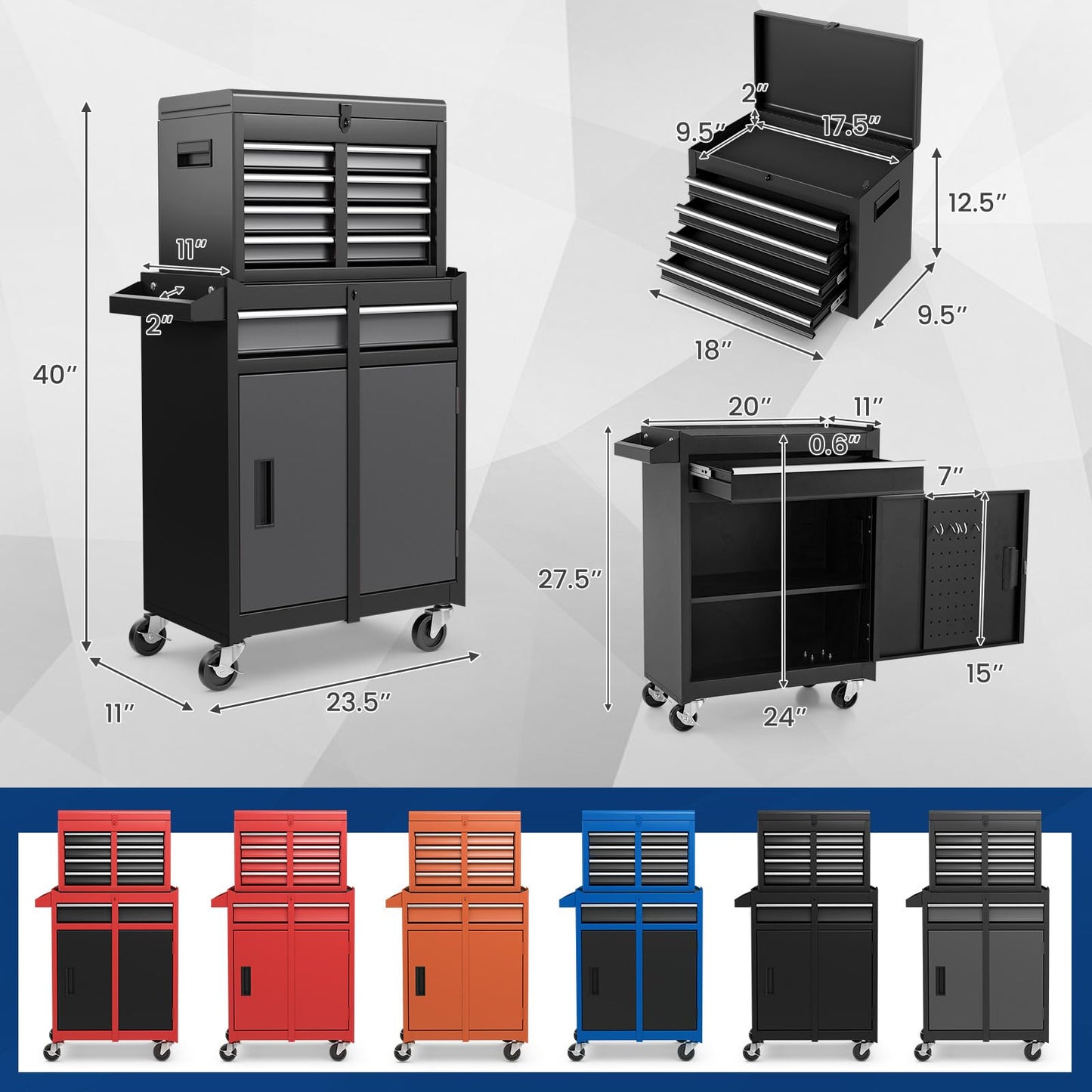 ERGOMASTER 5-Drawer Rolling Tool Cabinet with Detachable Top Toolbox, Lockable Wheels, Lock Bar, Protective Liner & Tool Rack, Metal Tool Storage Cart for Garage Workshop-Grey