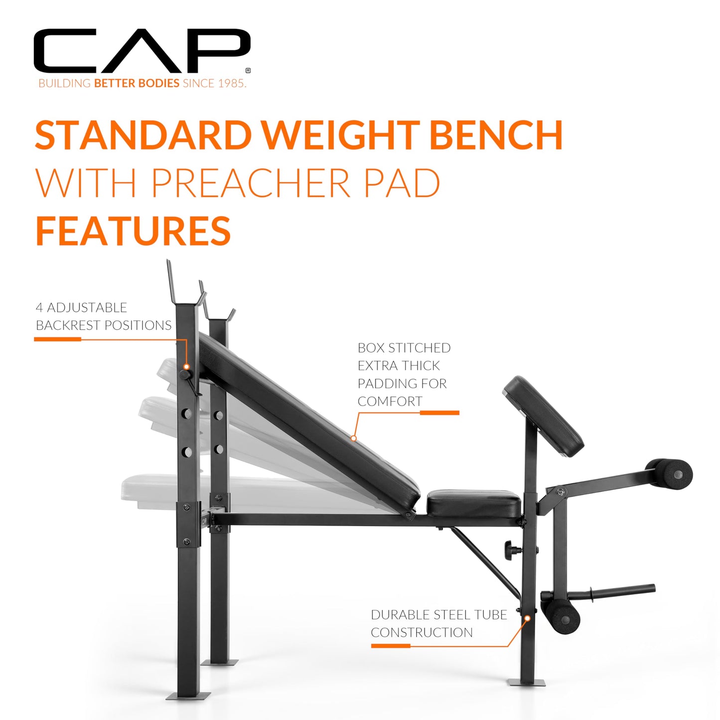 CAP Standard Weight Bench with Preacher Pad | Adjustable Bench Press Station with 4 Backrest Positions, Leg Developer, Steel Frame, 500 LB Capacity | Home Gym Strength Training Bench