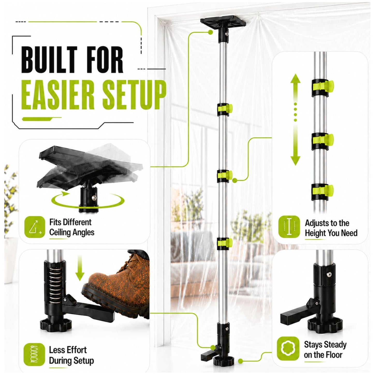 10FT Dust Barrier Poles, Foot-Pedal Spring-Release, 4-Pack Lightweight Aluminum Zipper Wall Telescoping Poles for Temporary Dust Barrier System, Construction & Home Renovation, with Carry Bag