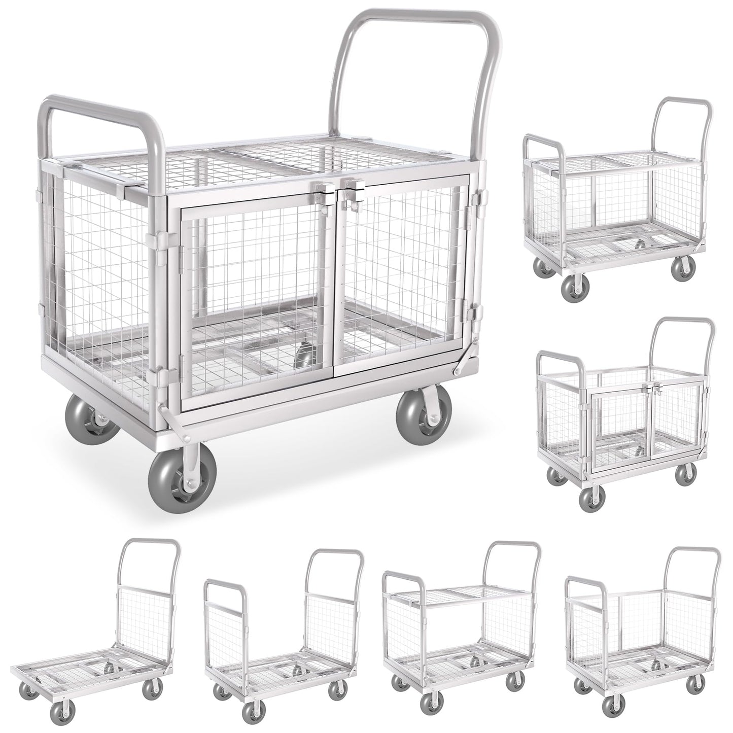 Platform Truck Cart with Cage 2-Door Design 7 in 1 Mutipurpose Handcart with 5" Wheel 39"x25" Large Uitility Cart, Mesh Plate w/Removalble Fence 6-Side, Load 2000lbs for Grocery/Laundry/Stall/Storage