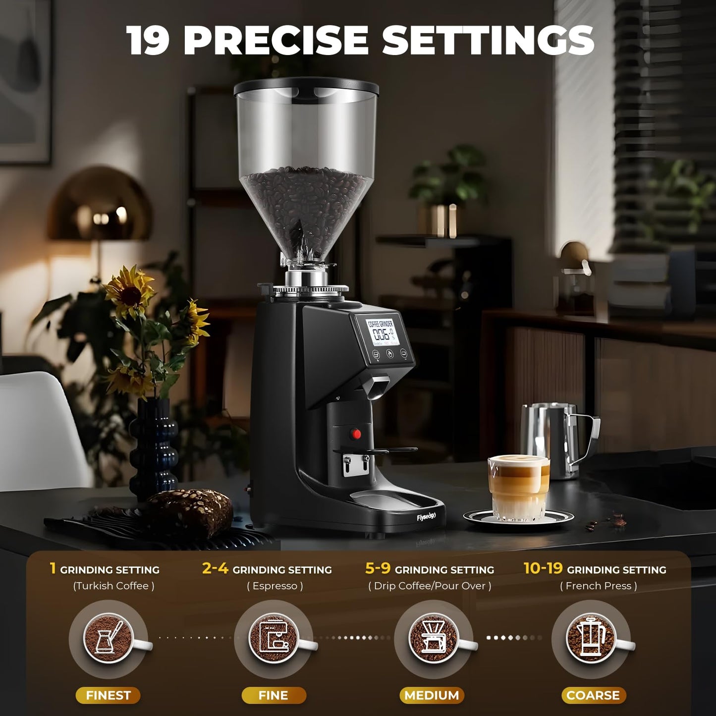 Flyseago Commercial Coffee Grinder Electric - 64mm SS Flat Burr, Digital Touch Screen, 19 Adjustable Settings, 35oz Large Hopper, Black