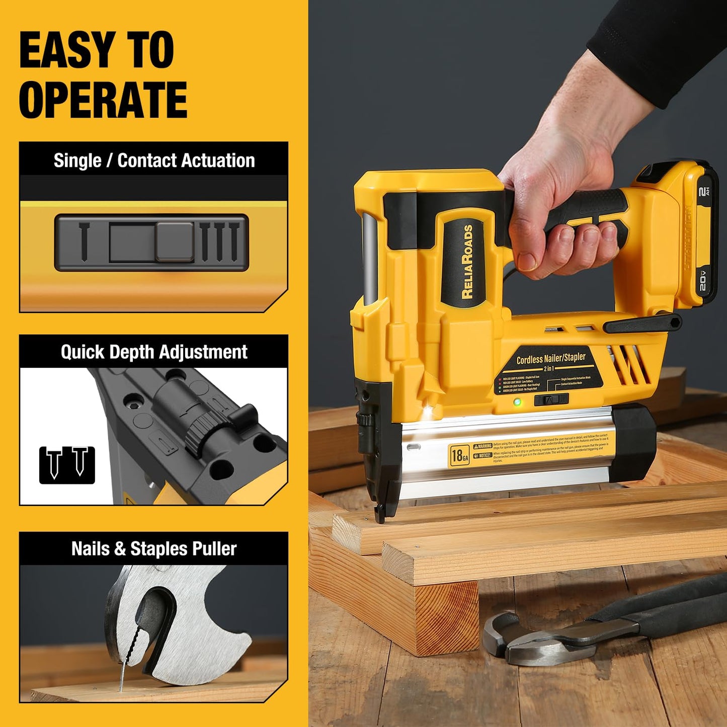 ReliaRoads 2" Cordless Brad Nailer, 18GA 2-in-1 Staple Nail Gun Battery Powered Compatible with DeWalt 20V MAX Battery, Electric Nail Gun Stapler with Nails Puller, 1600 Nails (Battery Not Included)