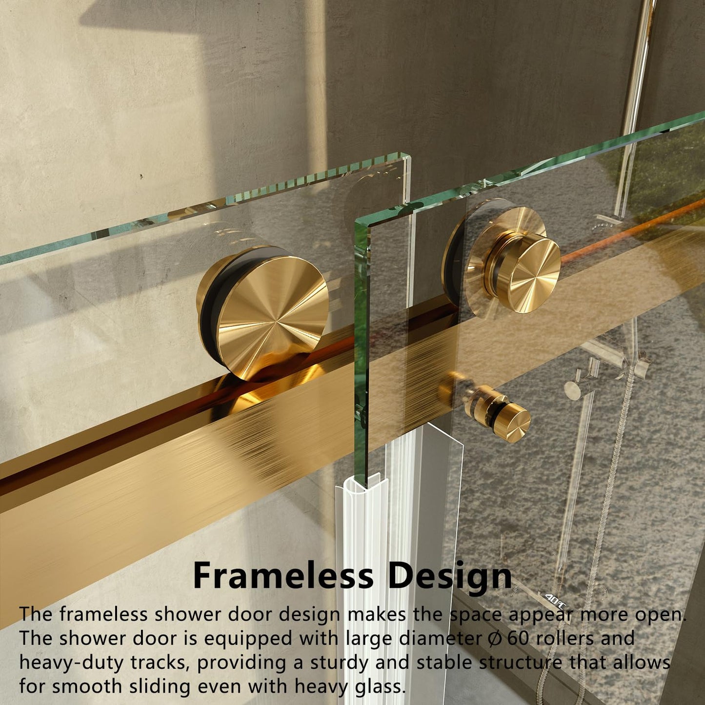 CRISSENSSI Frameless Shower Door, 68"-72" Wide, 76" high, 3/8" (10mm) Clear Tempered Glass with Towel bar, Double Sliding Door, Brushed Gold Finish DS01