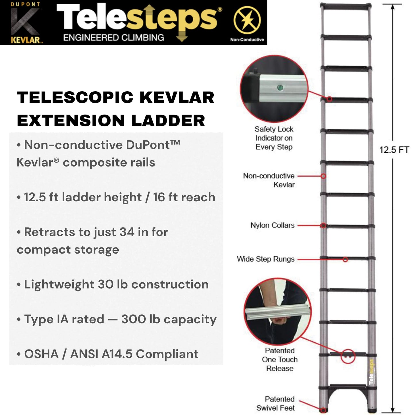 Telesteps 12.5 ft Kevlar® Telescoping Extension Ladder – Non-Conductive, 16 ft Reach, 300 lb Type 1A, OSHA/ANSI Certified, Lightweight, Compact, Electrician-Safe