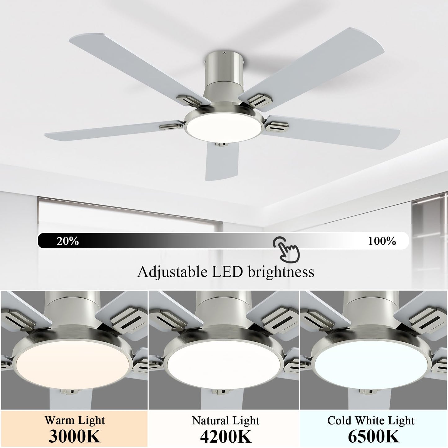 SNJ 52 Inch Brushed Nickel Ceiling Fans with Lights and Remote,Flush Mount Low Profile 5 Blades Ceiling Fan,Dimmable Quiet Reversible DC Motor for,Living Room,Bedroom and Patio