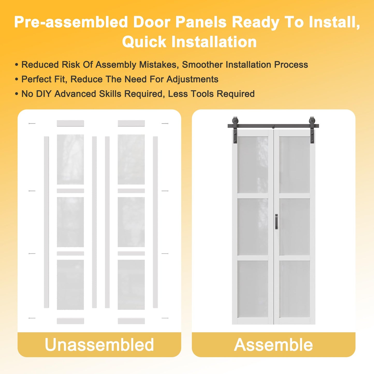 Paintable Bifold Barn Door, Fingerprint-Resistant 3 Lite Frosted Glass Bi Fold Barn Door with Good Privacy, Pre-Assembled Solid Core MDF Panels for Closet Pantry Laundry, Easily Install, 72" x 84"