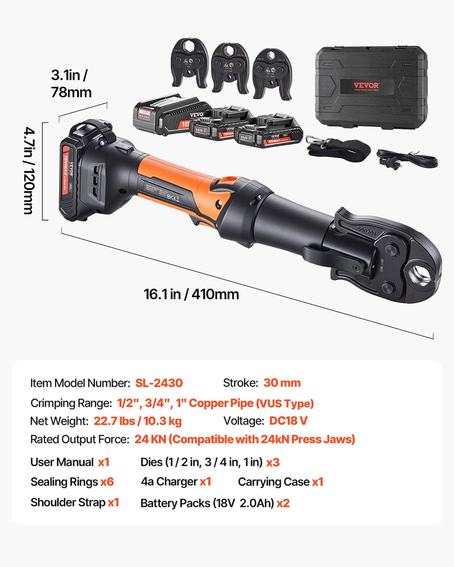 VEVOR Press Tool, 18V Electric Pipe Crimping Tool for 1/2", 3/4", 1" Copper Pipes, 24KN Press Tool Kit Compatible with ProPress - with 3 Press Jaws, 2pcs 18V 2AH Battery, Fast Charger & Carrying Case