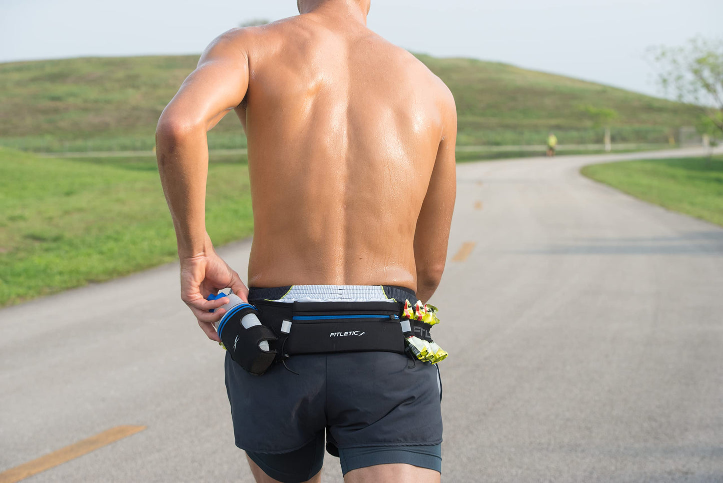 Fitletic Hydration Running Belt With 12oz Quick Flow Water Bottle For Men & Women –Race Belt, Gel Holders & Bib Toggles Patented Bounce Free Design, Water Resistant- Fits All Phones – Fully Loaded