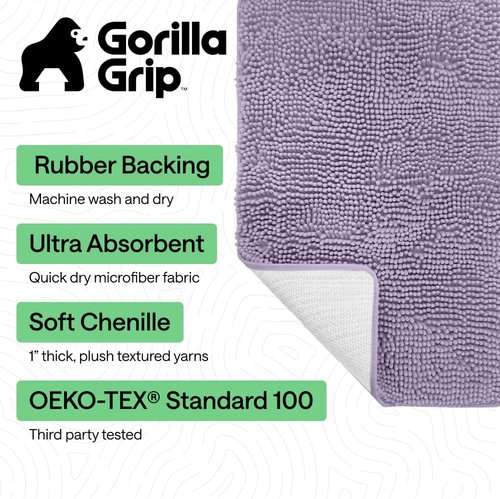 GORILLA GRIP Bath Rug Mat - 60x24 Thick Soft Absorbent Chenille | Quick-Dry Microfiber, Rubber Backing, Light Purple