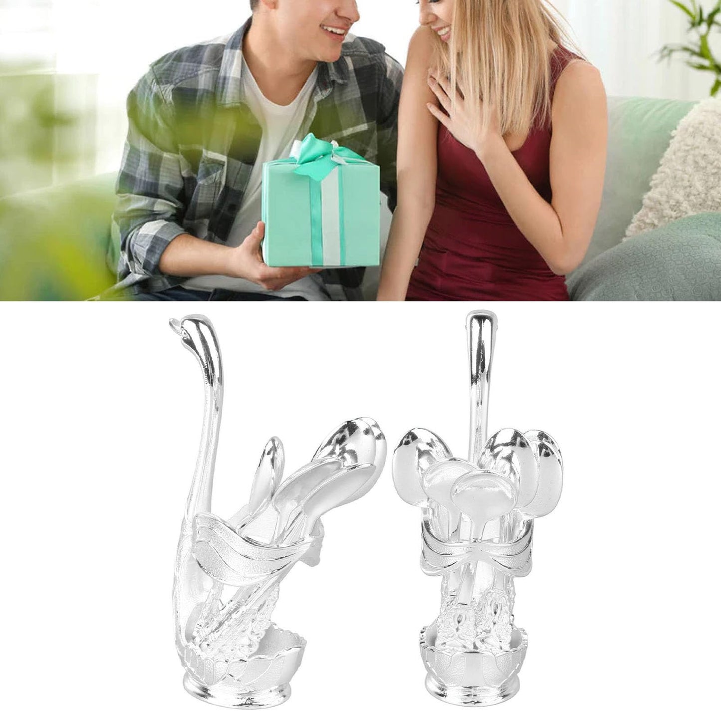 6pcs Coffee Spoon Holder, Elegant Swan Shaped Alloy Mirror Polish Spoon Rest for Tea Dessert Sugar, Silver Demitasse Spoons Included
