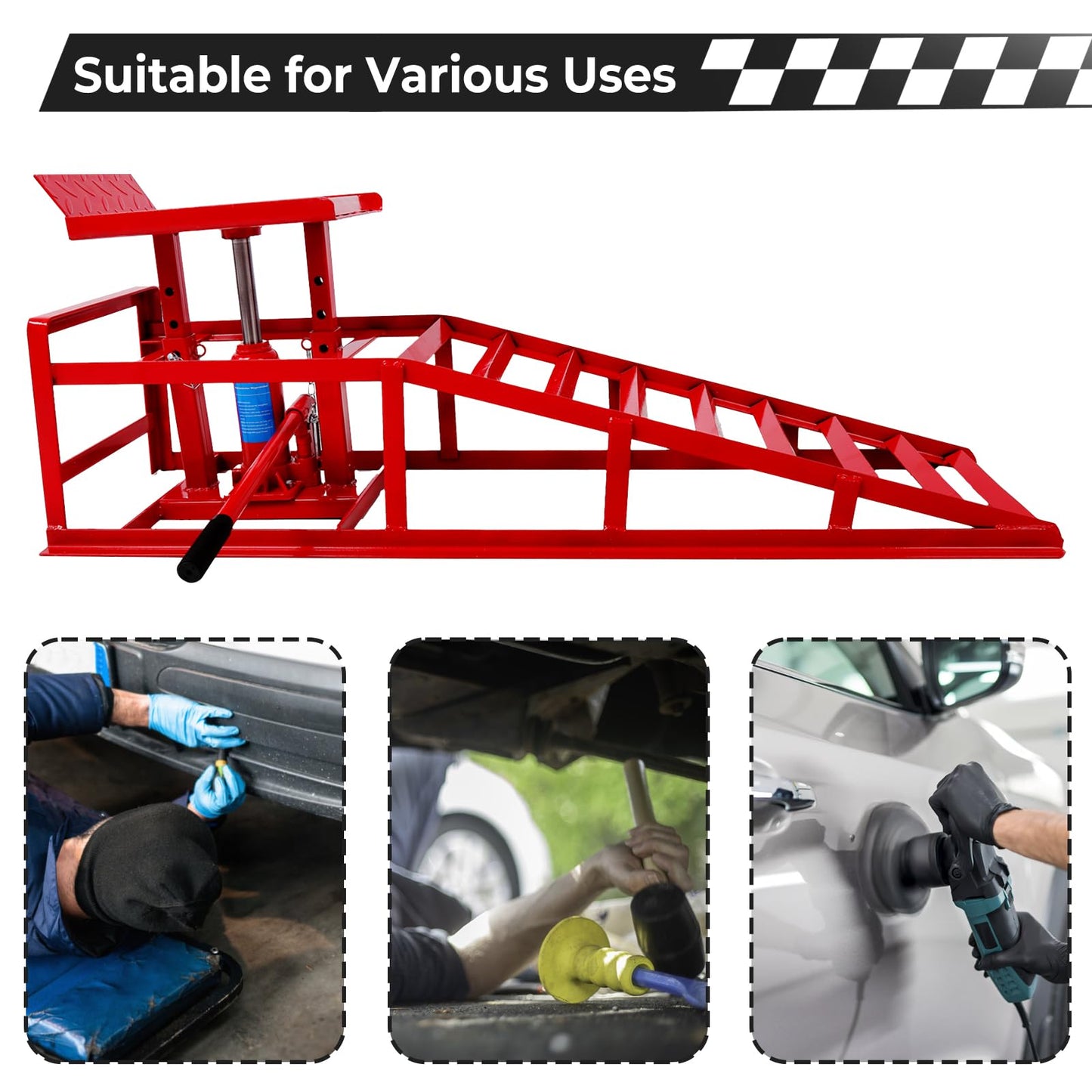 Rovibek Hydraulic Car Ramps 2 Pack, 11000LBS 5THeavy Duty Steel Car Ramps, Automotive Truck Service Ramp High Lift 11.6"-16.5" for Oil Changes Maintenance, Red