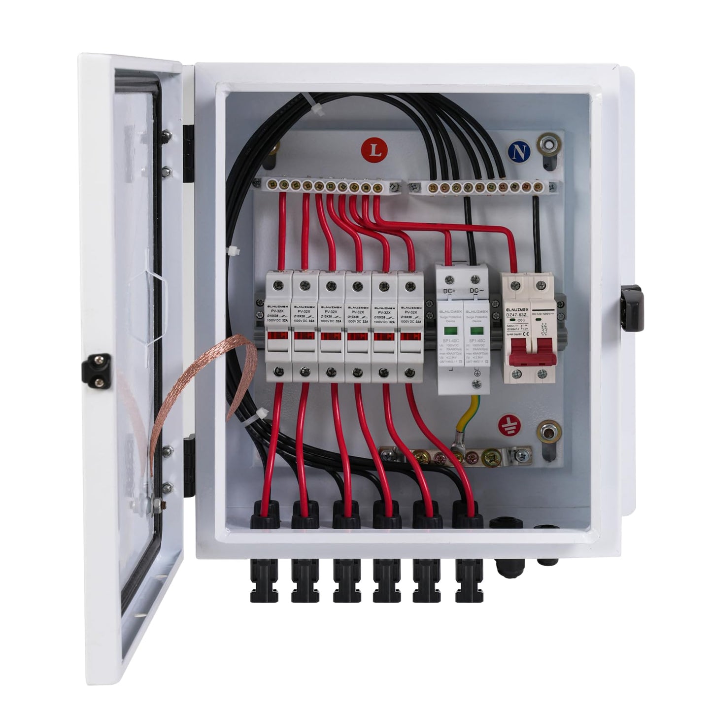 Elnuimex 6 String Metal Solar Combiner Box, PV Combiner Box with 20A Rated Current Fuse, Surge Protective Device & 63A Air Circuit Breaker (6 String)