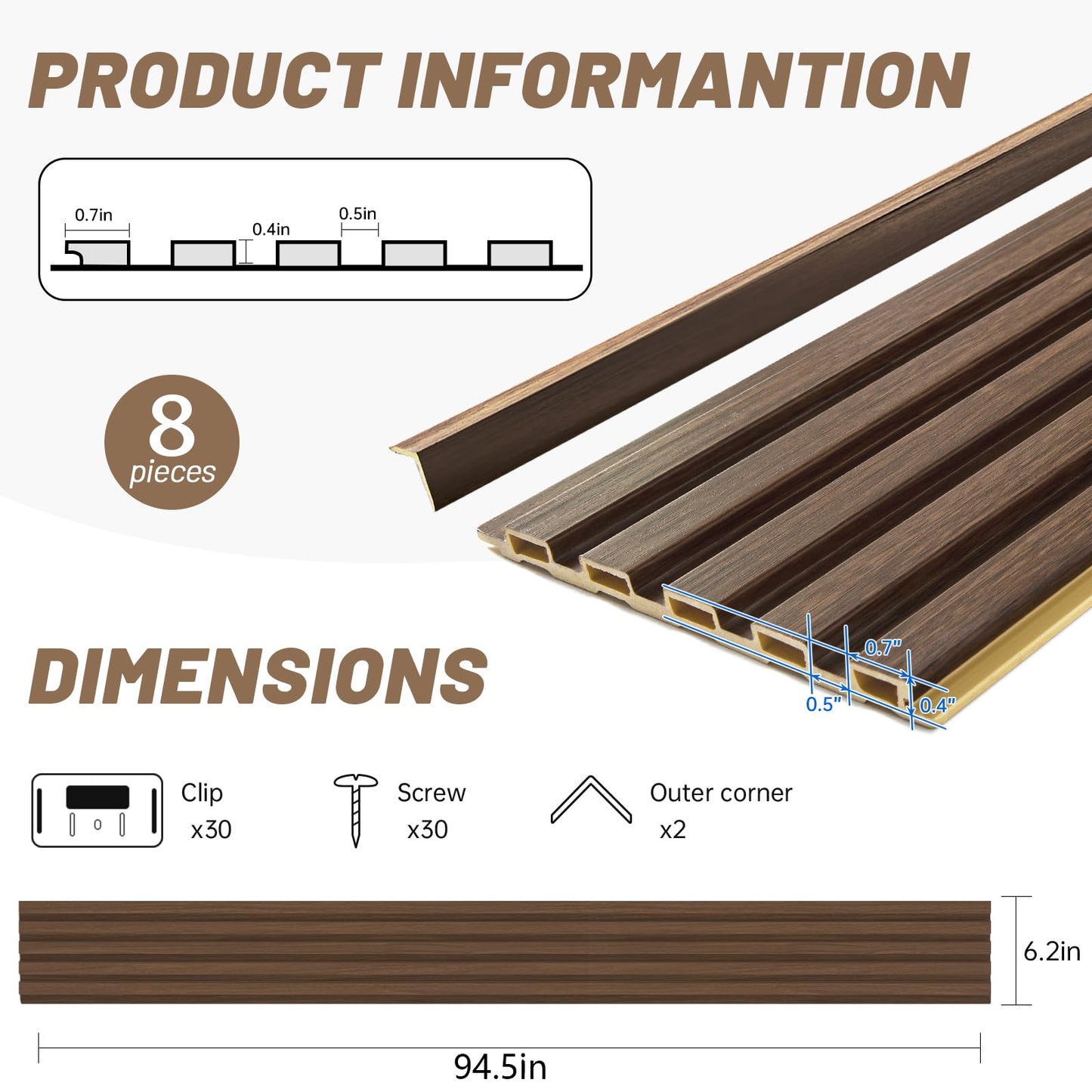 Tepanecov WPC Slat Wall Paneling, 8-Pack 3D Wood Wall Panels for Interior Wall Decor, TV Background, Living Room, 94.5 x 6 in (Walnut)