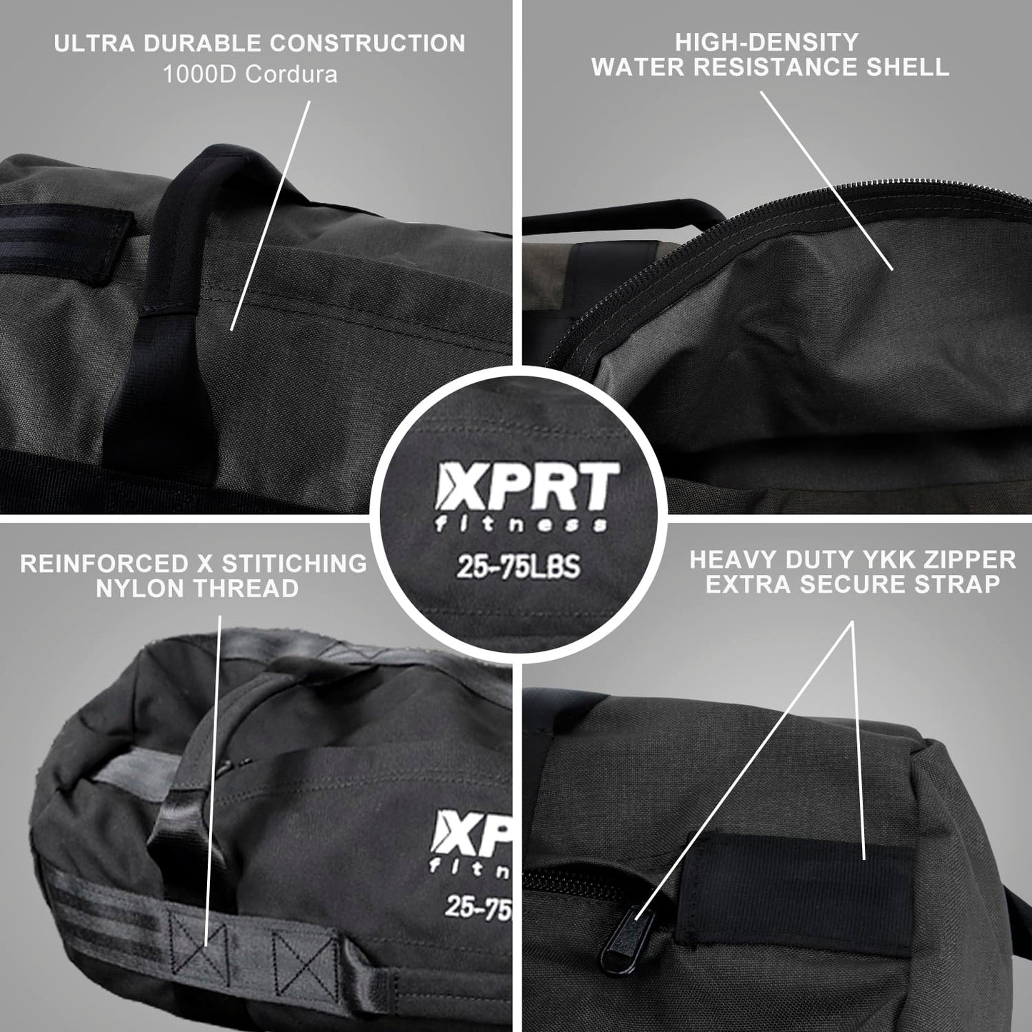XPRT Fitness Workout Sandbag for Heavy Duty Workout Cross Training 7 Multi-positional Handles - Color Army Green/Black/Camo (Black Set of 3, Small+Medium+Large)
