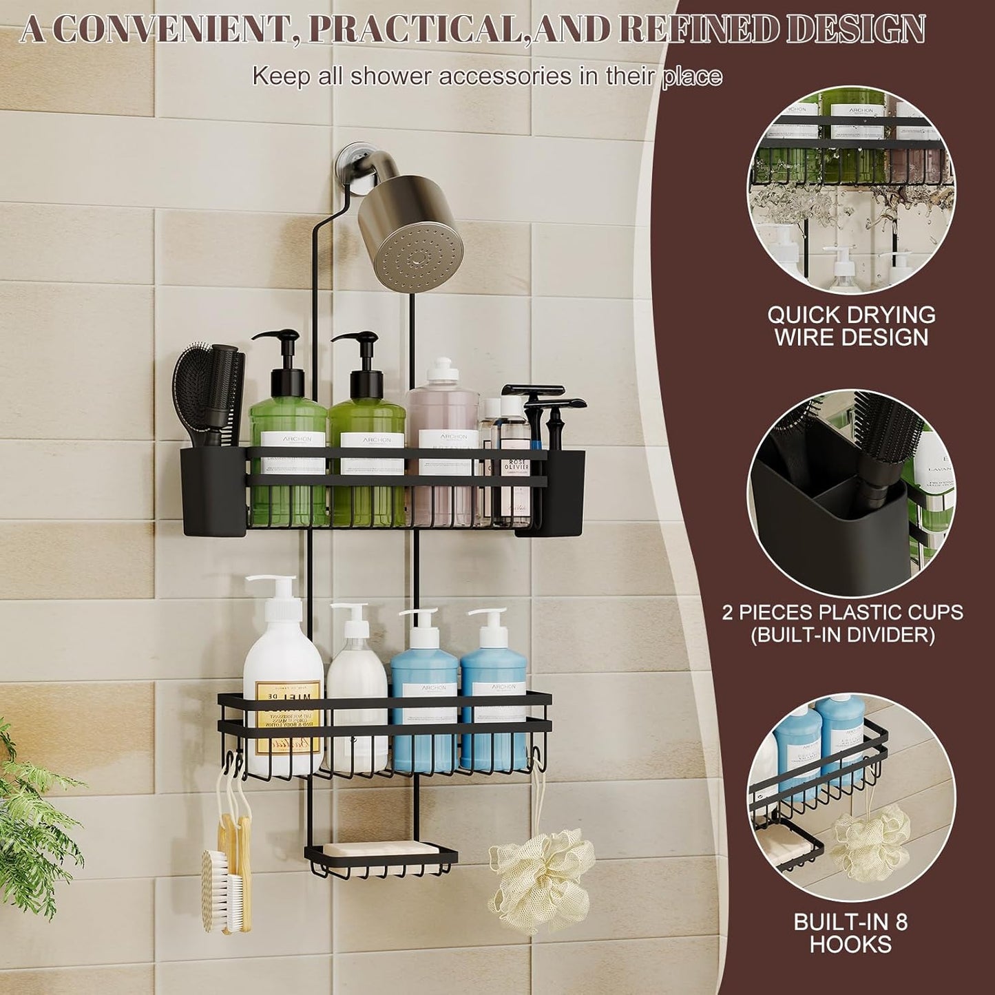 Shower Caddy - 3 Tier Adjustable Bathroom Organizer with Heavy-Duty Suction Cups | Rustproof Black