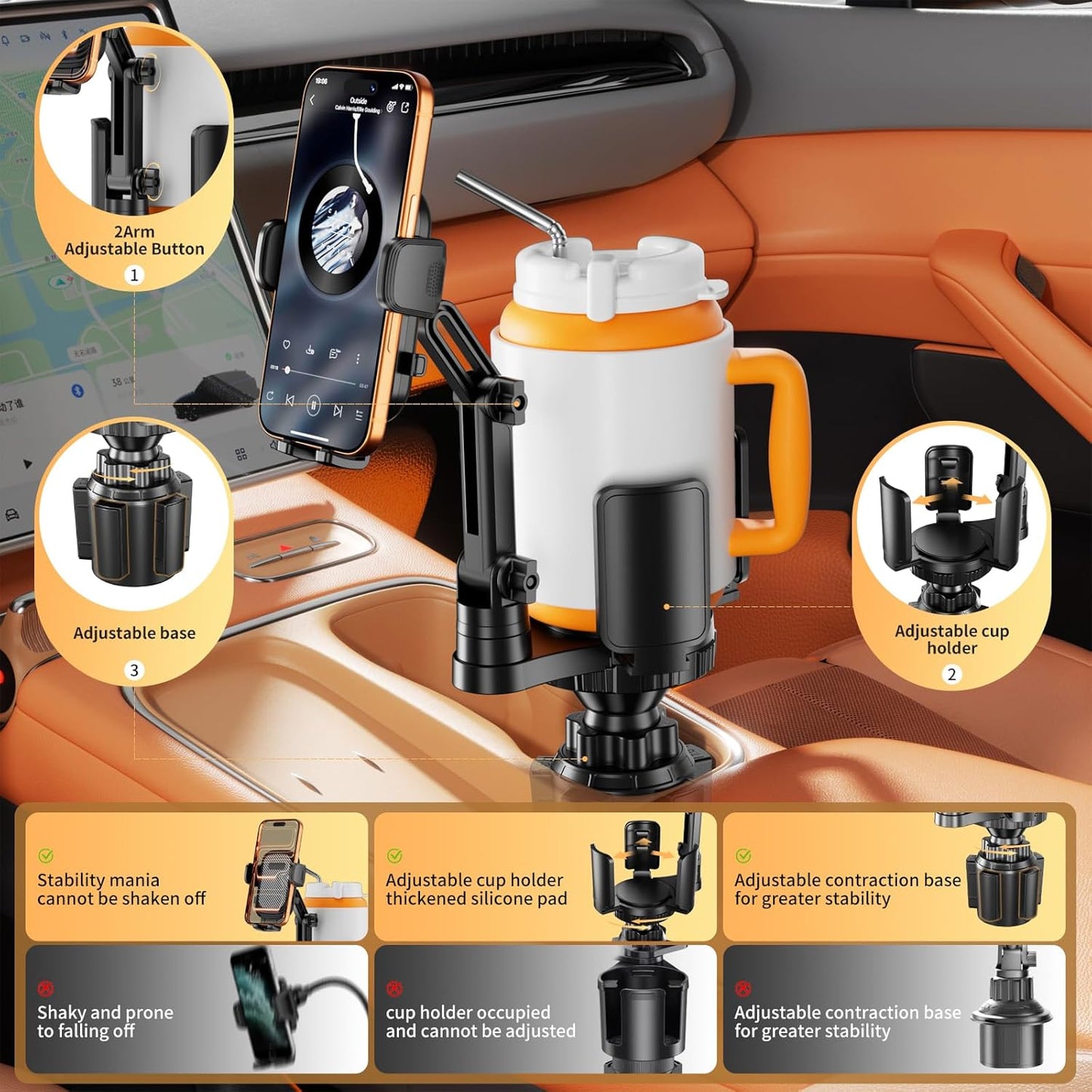 bokilino 2 1 360Rotation 4-7 5.31'' Phone Holders for Your Car, in Cup Holder Phone Mount with Expander, Secure Hold